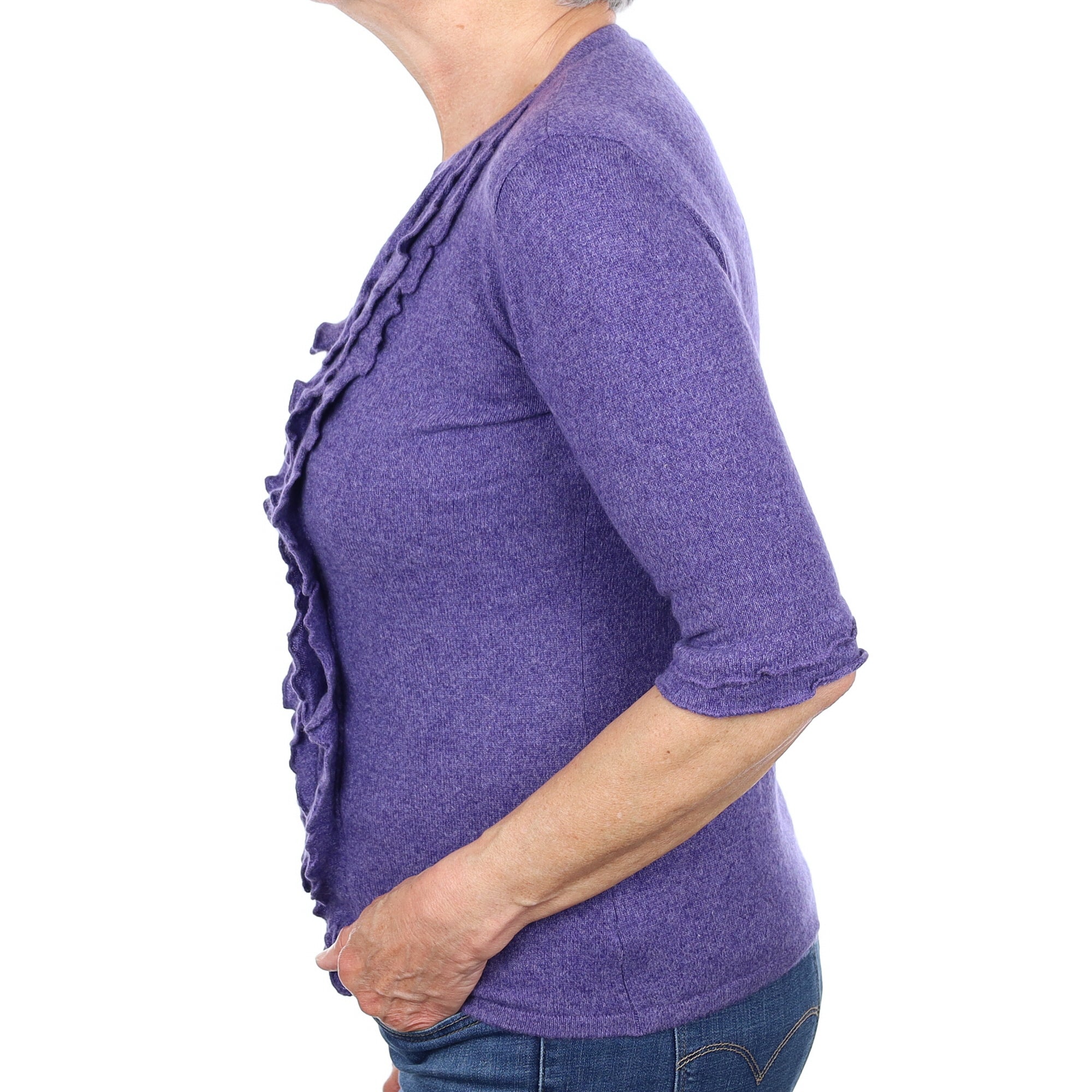 Amethyst Purple Cashmere Ruffled V Neck Cardigan Medium