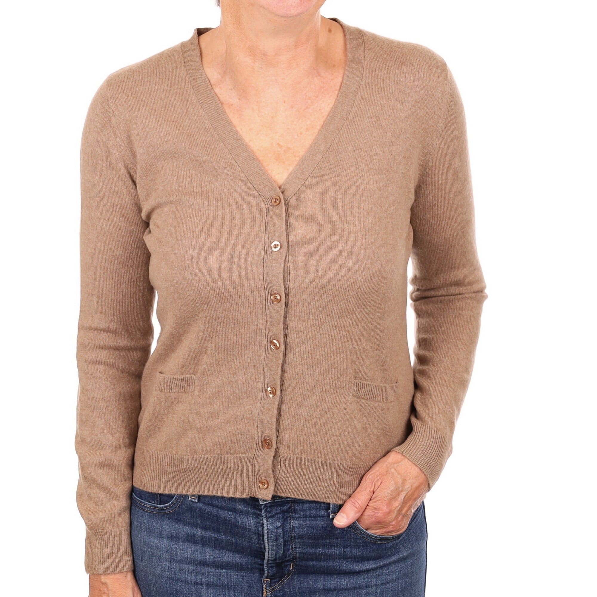 Taupe Brown Cashmere V Neck Cardigan with Pockets Medium