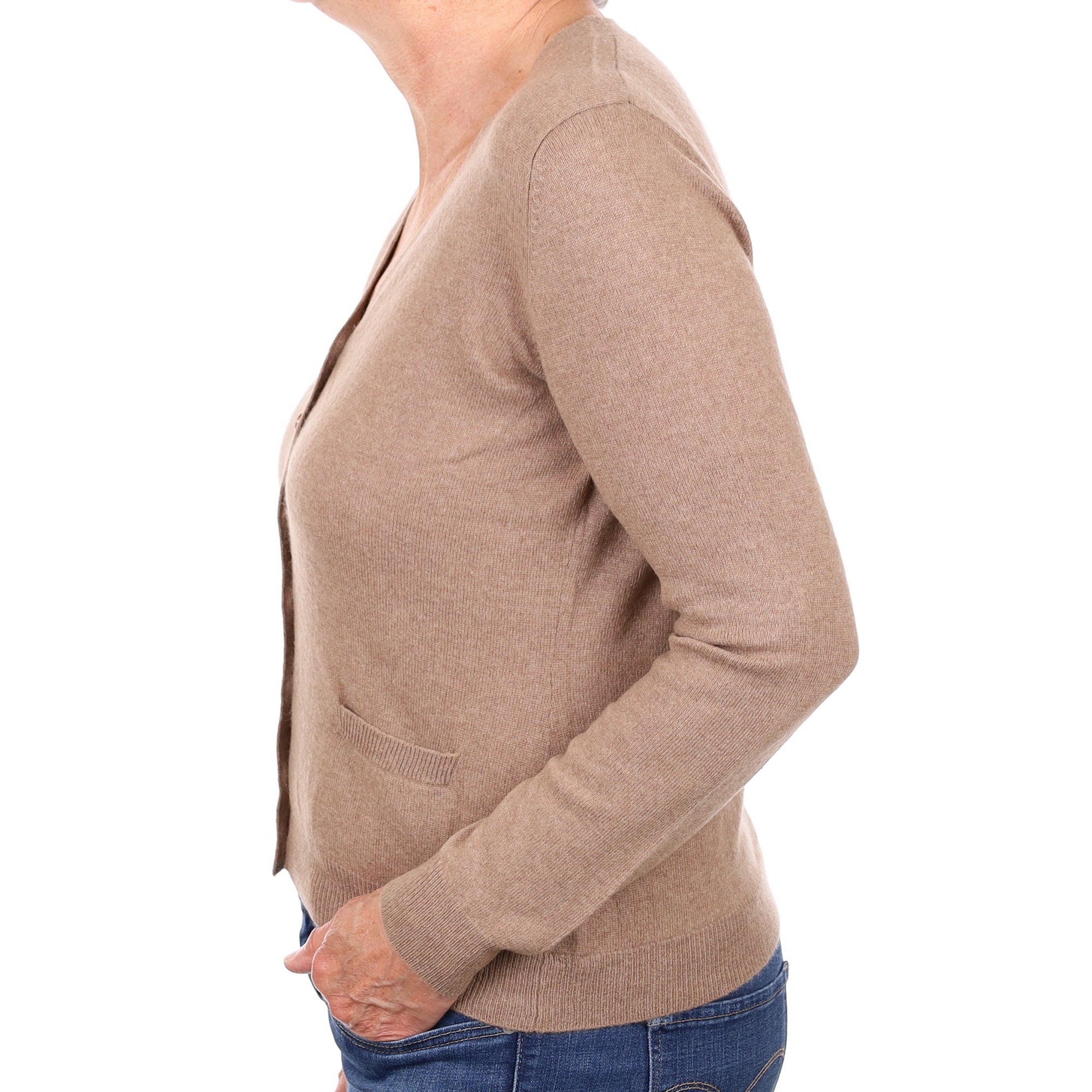 Taupe Brown Cashmere V Neck Cardigan with Pockets Medium