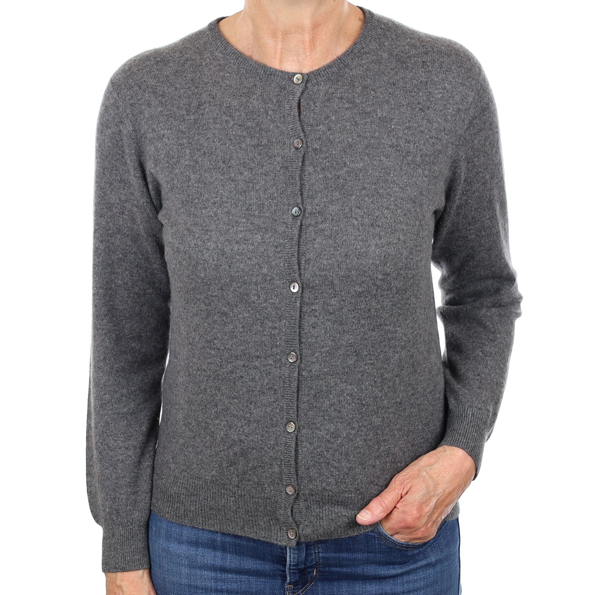 Slate Grey Cashmere Crew Neck Cardigan Medium