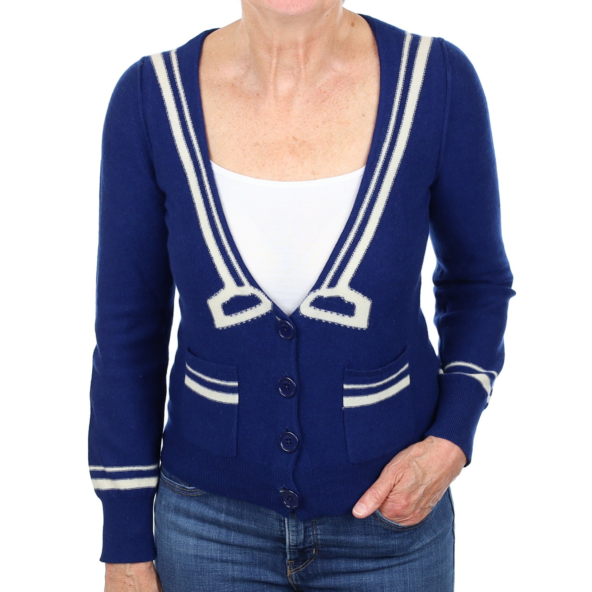 French Navy Sailor Style Cashmere V Neck Cardigan with Pockets Medium