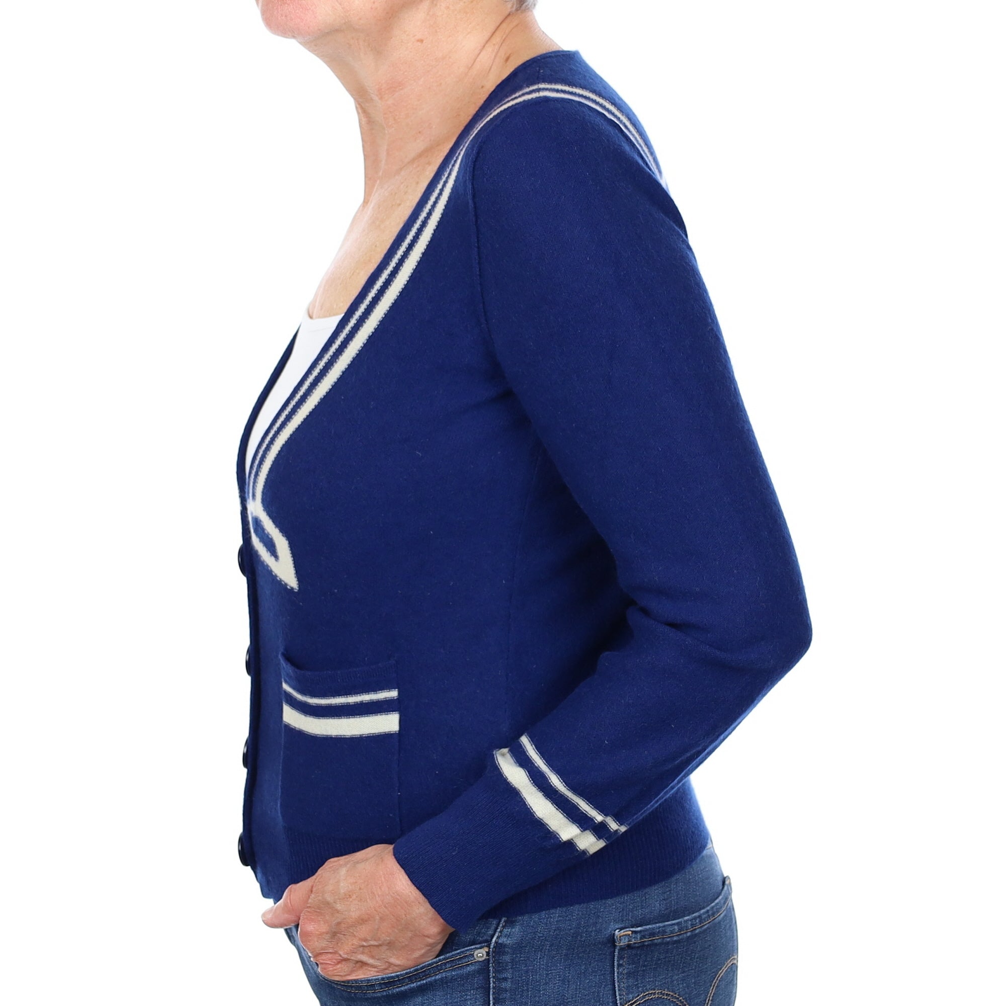 French Navy Sailor Style Cashmere V Neck Cardigan with Pockets Medium