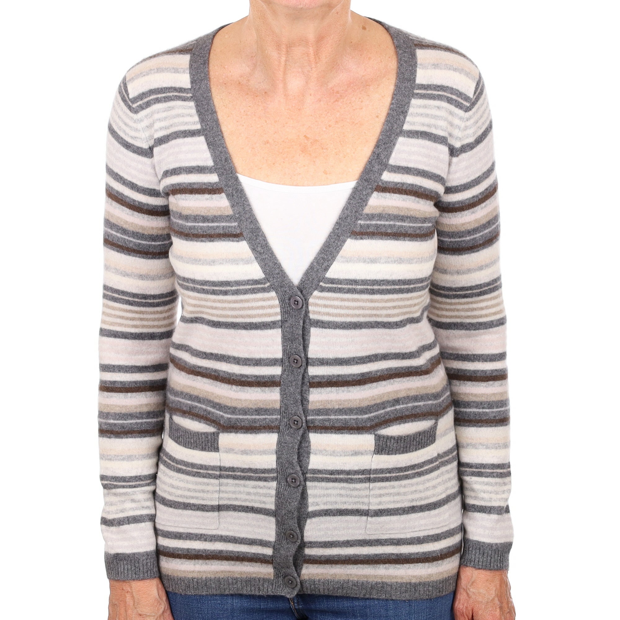 Grey and Beige Stripe Cashmere V Neck Cardigan with Pockets Medium