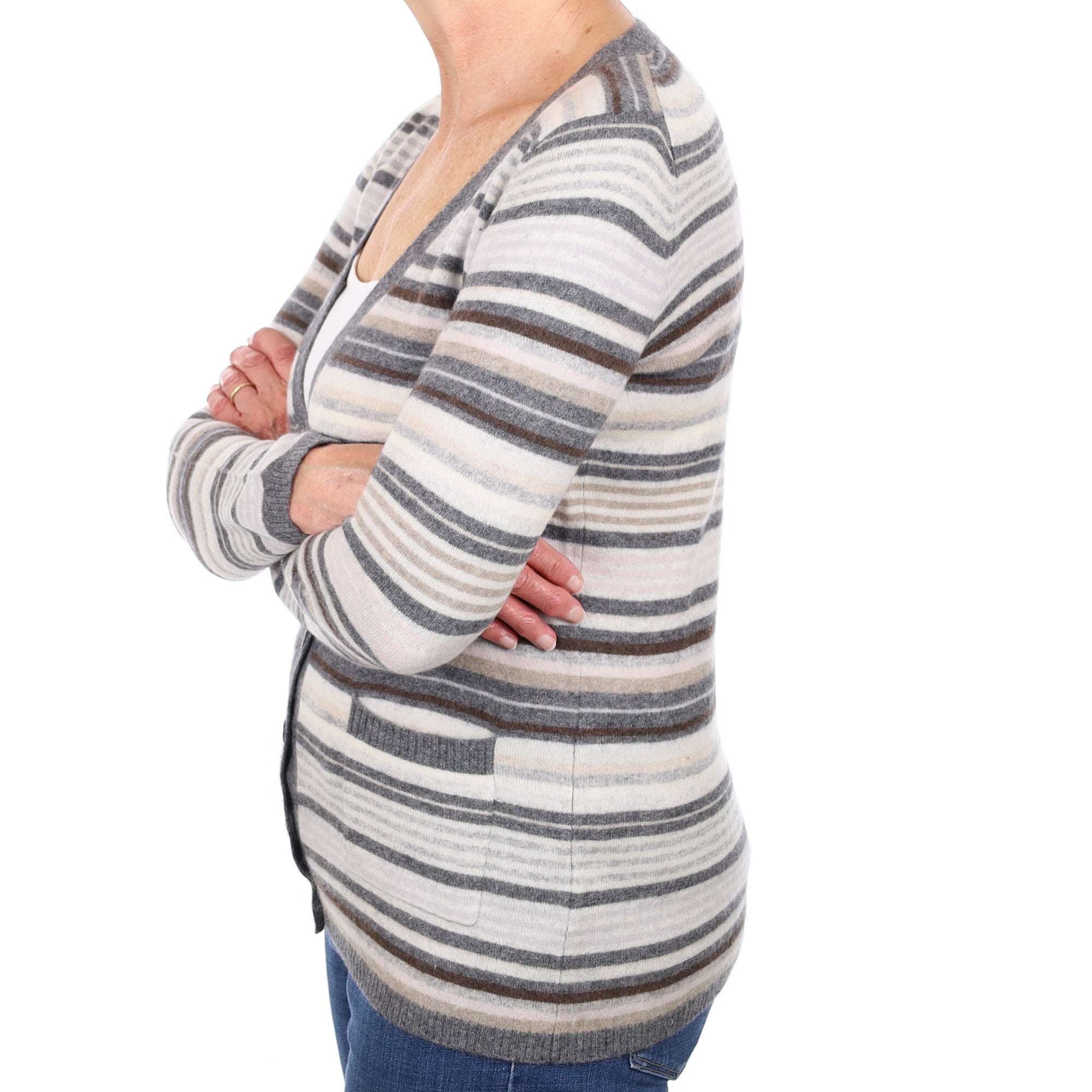 Grey and Beige Stripe Cashmere V Neck Cardigan with Pockets Medium