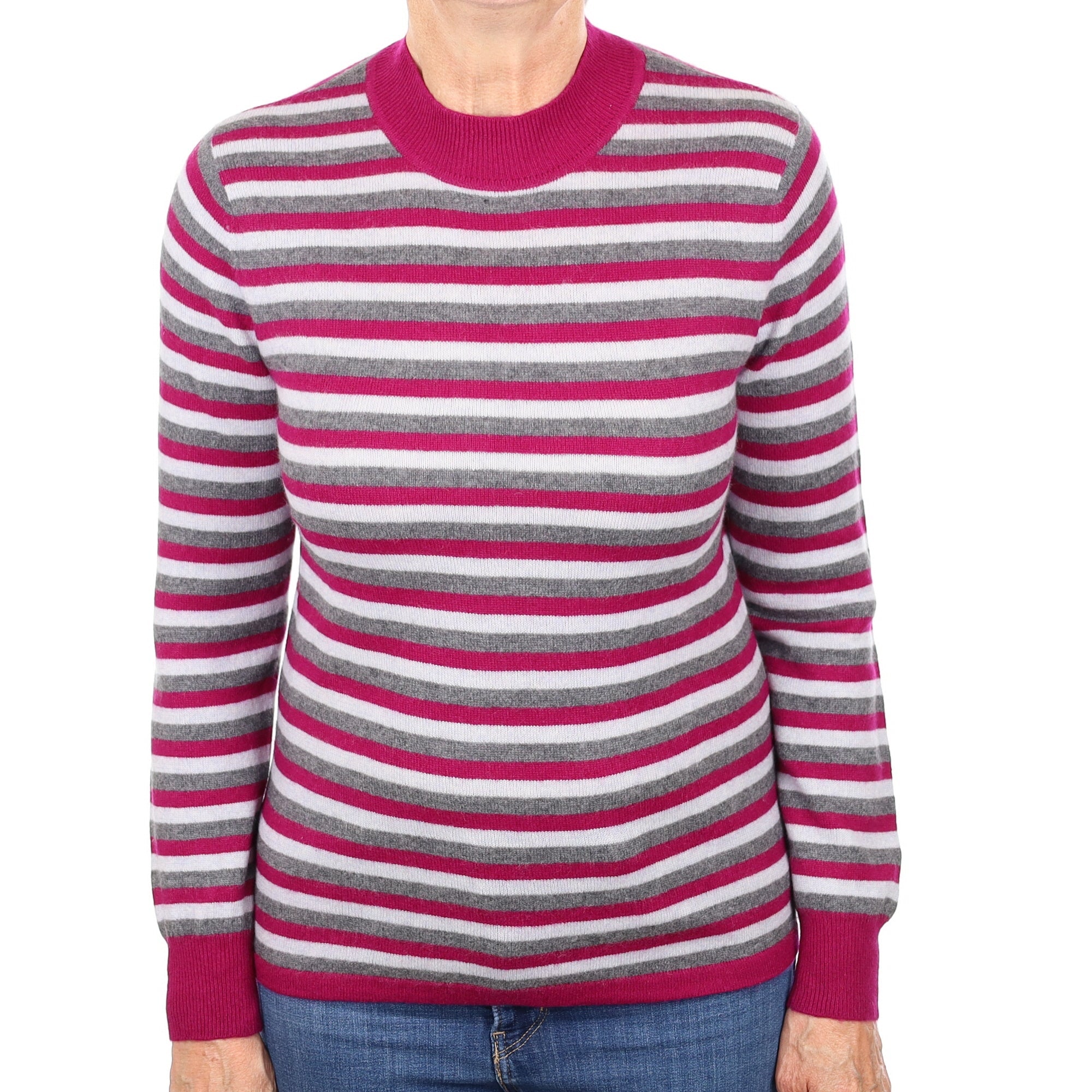 Plum and Grey Stripe Cashmere Turtleneck Jumper Medium
