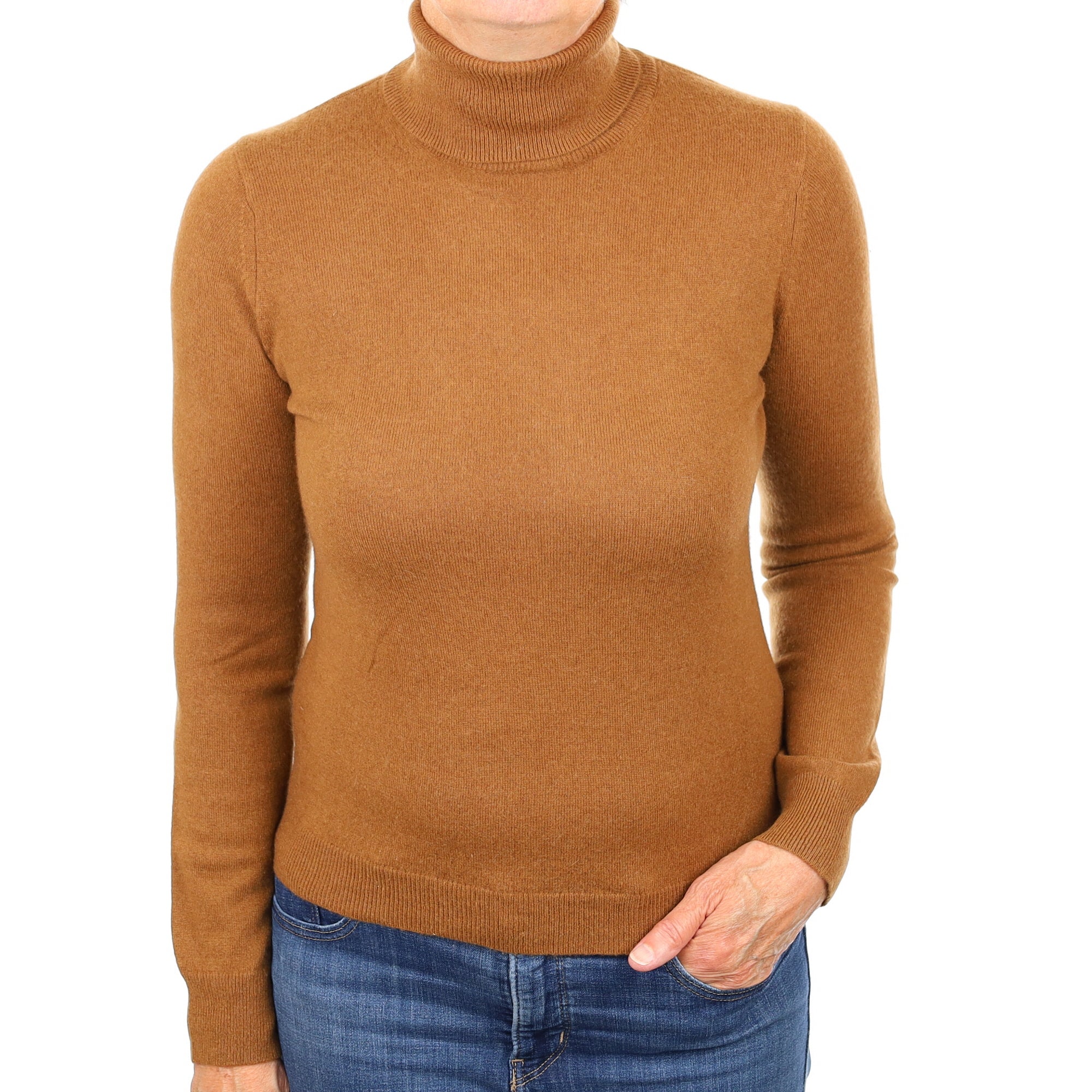 Chestnut Brown Cashmere Polo Neck Jumper Medium