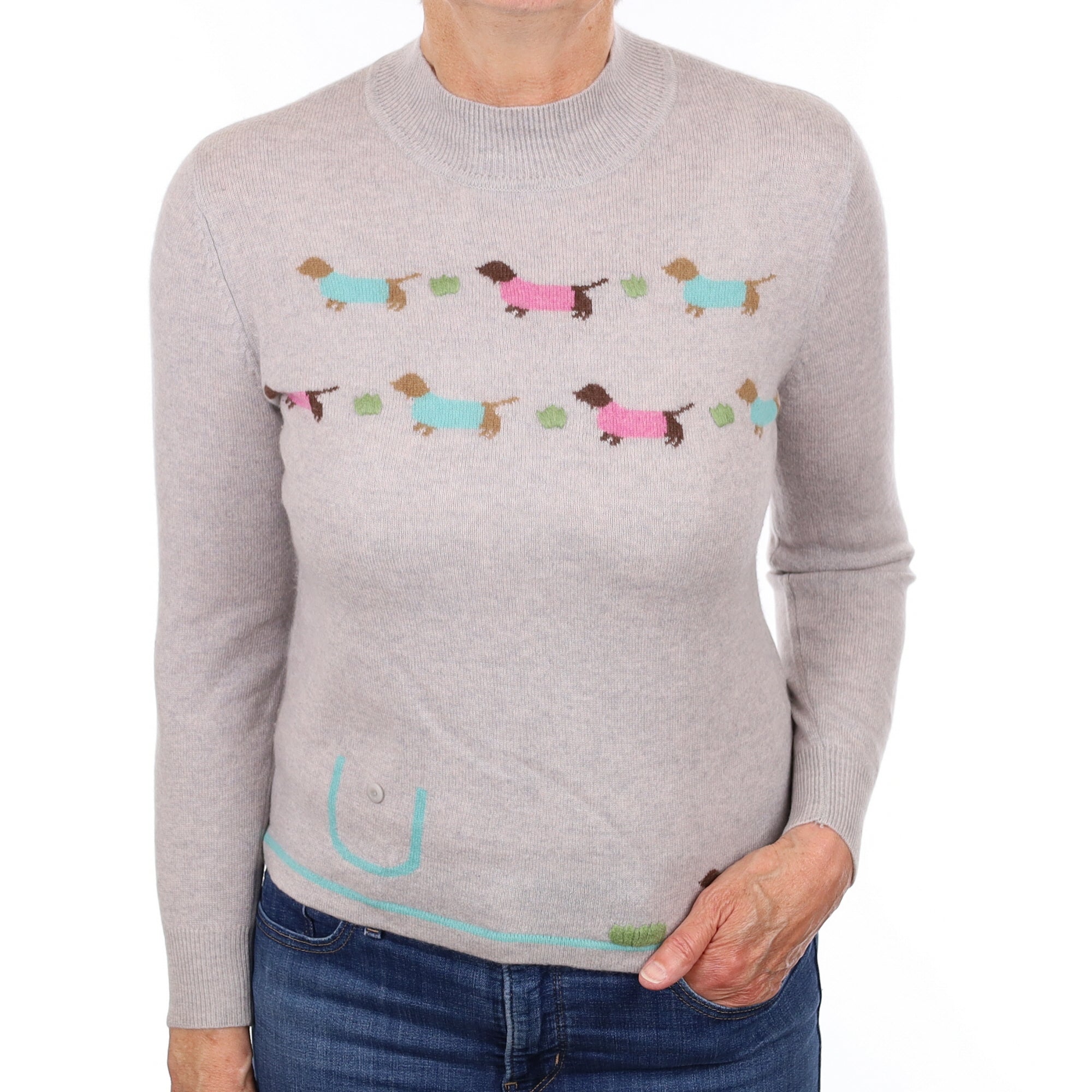Grey Dog Motif Cashmere Turtleneck Jumper Medium