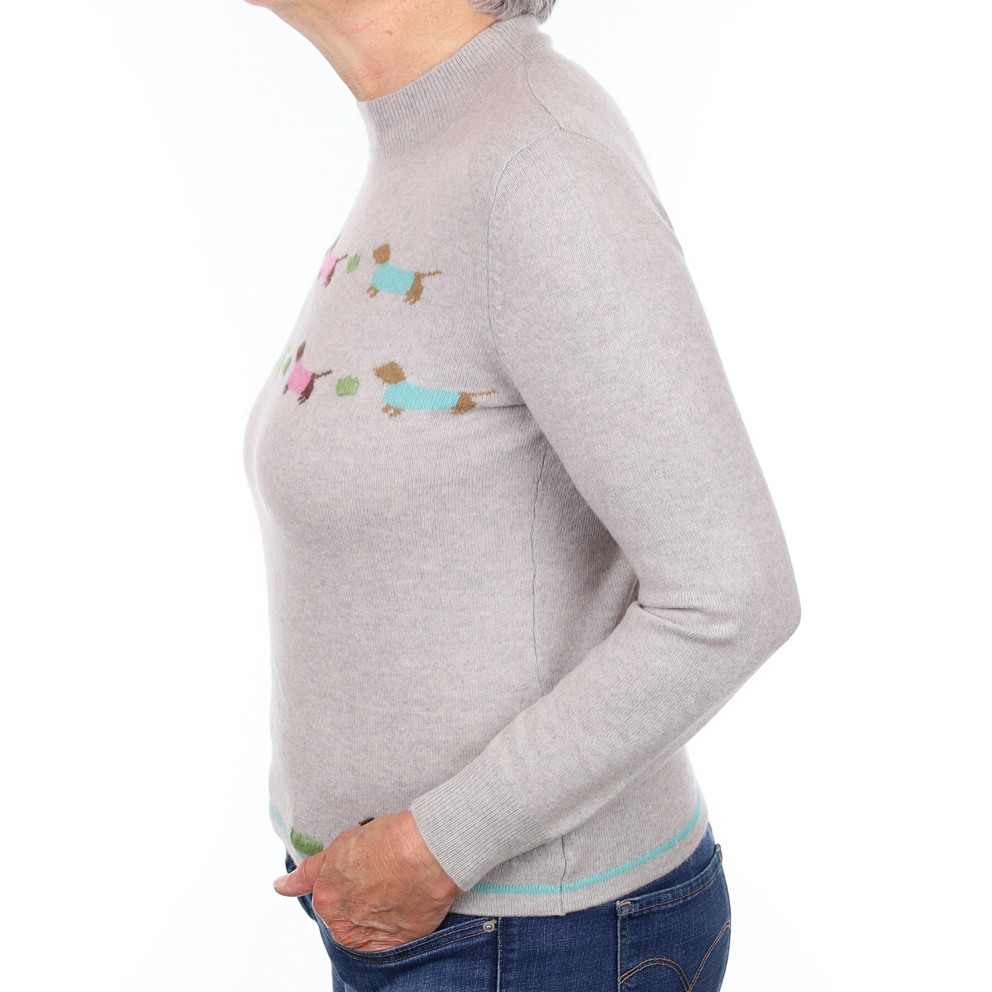 Grey Dog Motif Cashmere Turtleneck Jumper Medium