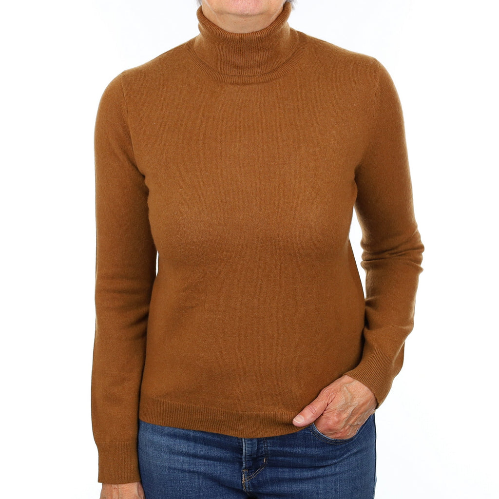 Cinnamon Brown Cashmere Polo Neck Jumper Medium