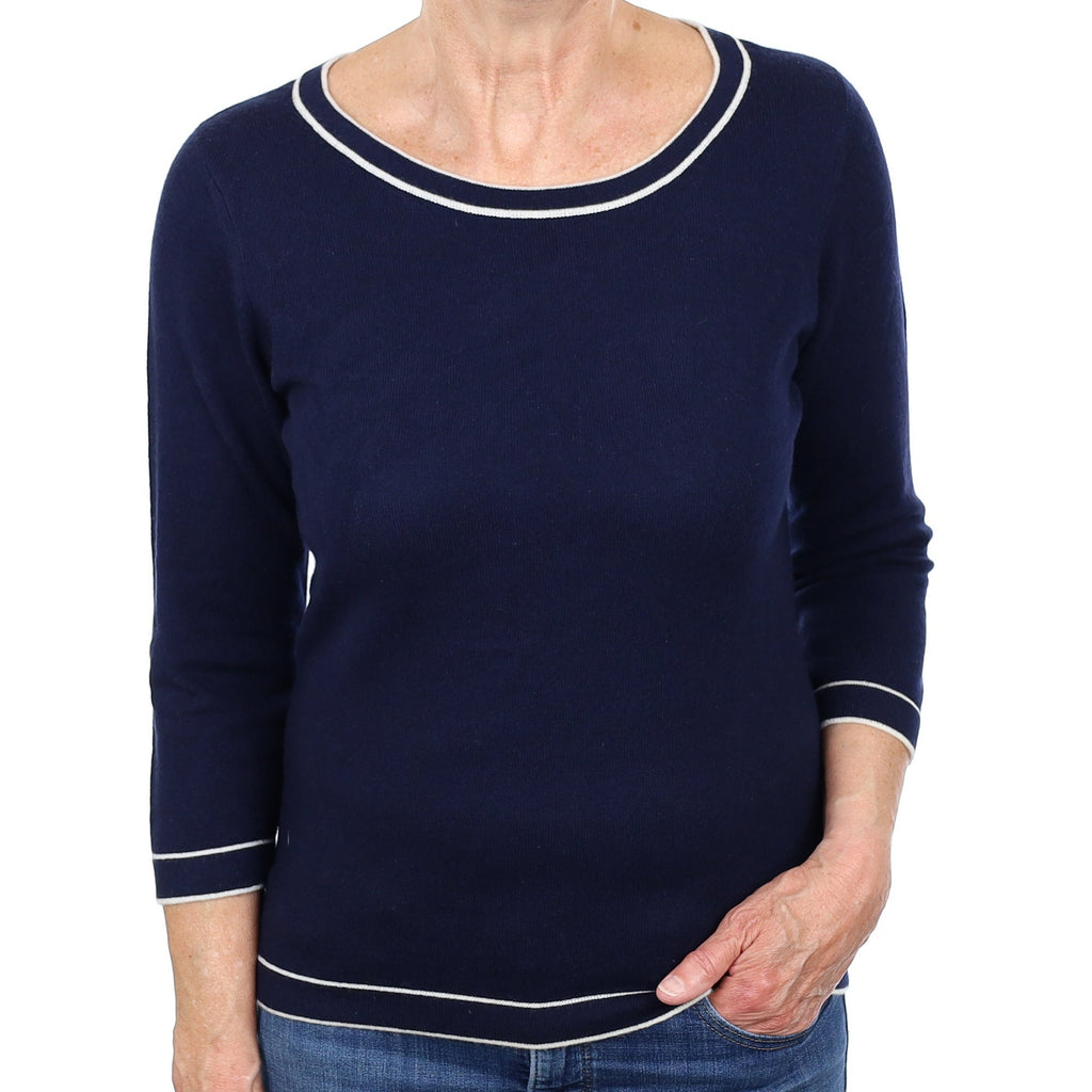 Navy Ivory Trim Cashmere Crew Neck Jumper Medium