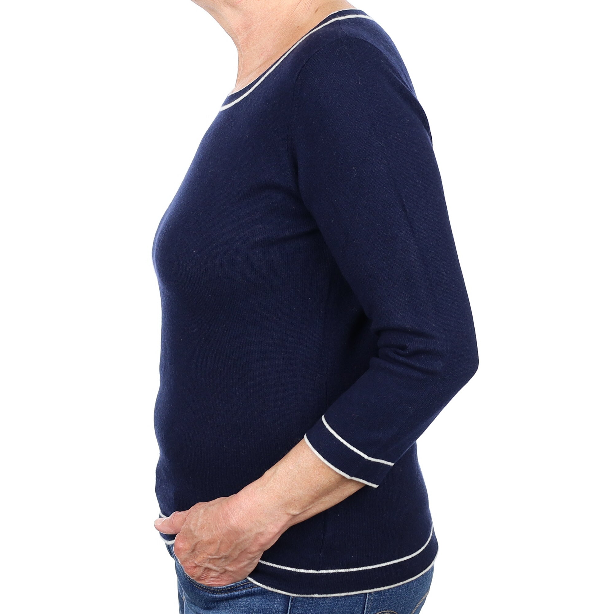 Navy Ivory Trim Cashmere Crew Neck Jumper Medium