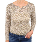 Beige Leopard Print Cashmere Notch Neck Jumper Medium