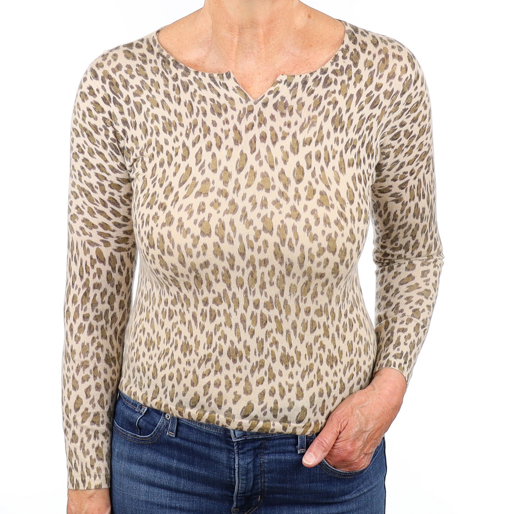 Beige Leopard Print Cashmere Notch Neck Jumper Medium