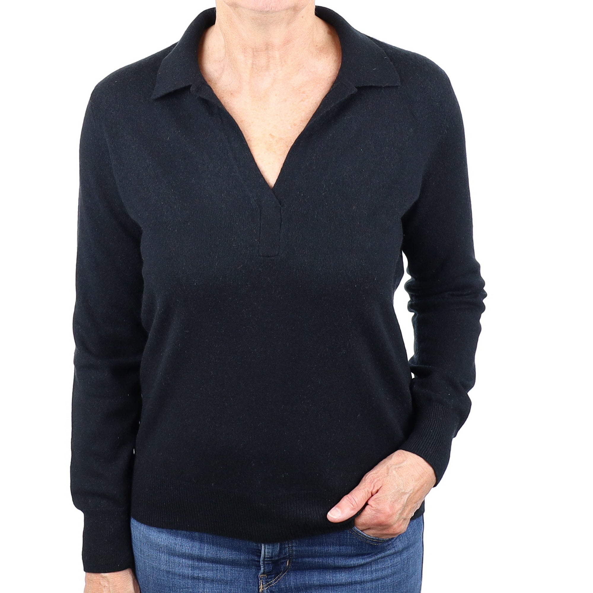 Black Cashmere Collared V Neck Jumper Medium