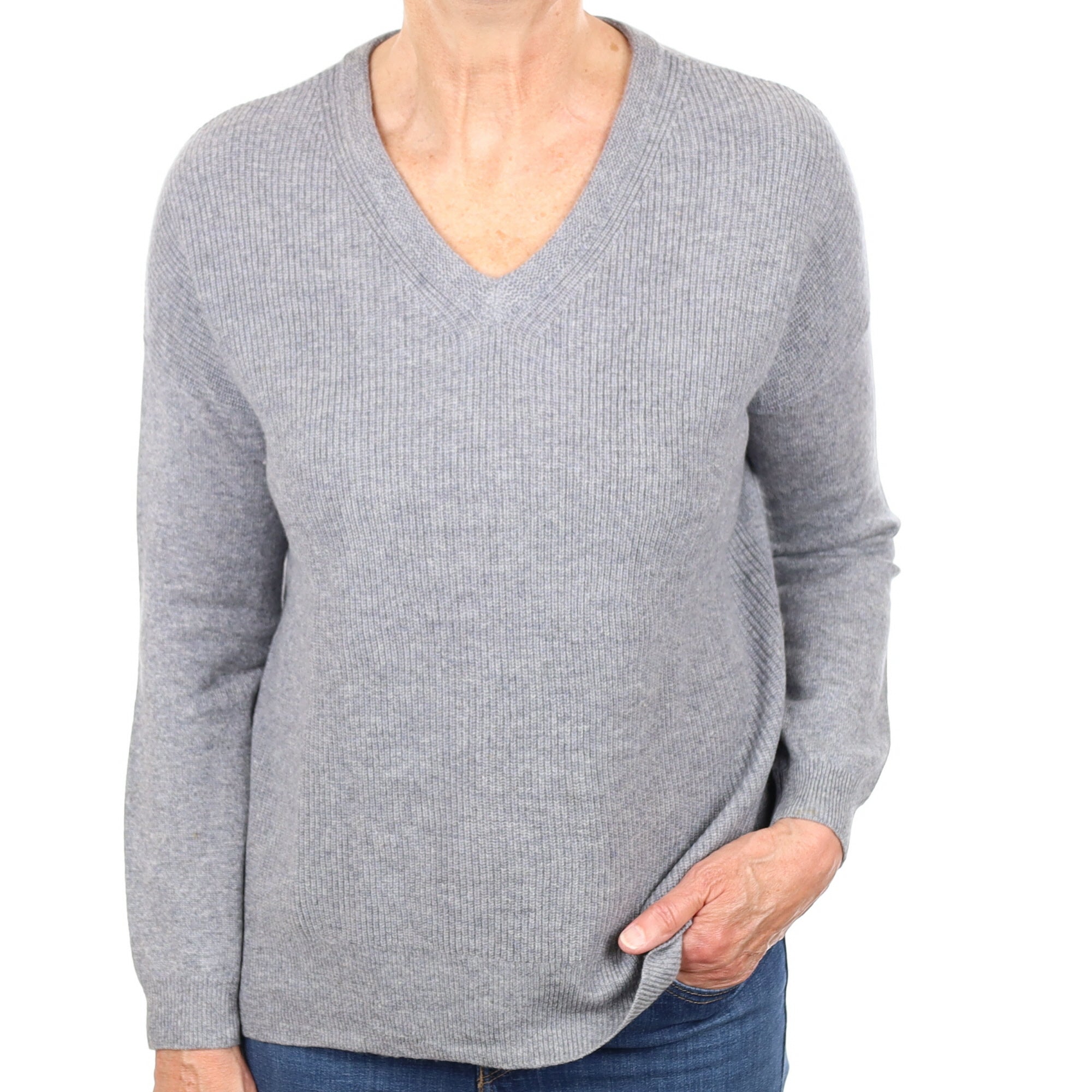 Ash Grey Textured Cashmere V Neck Jumper Medium