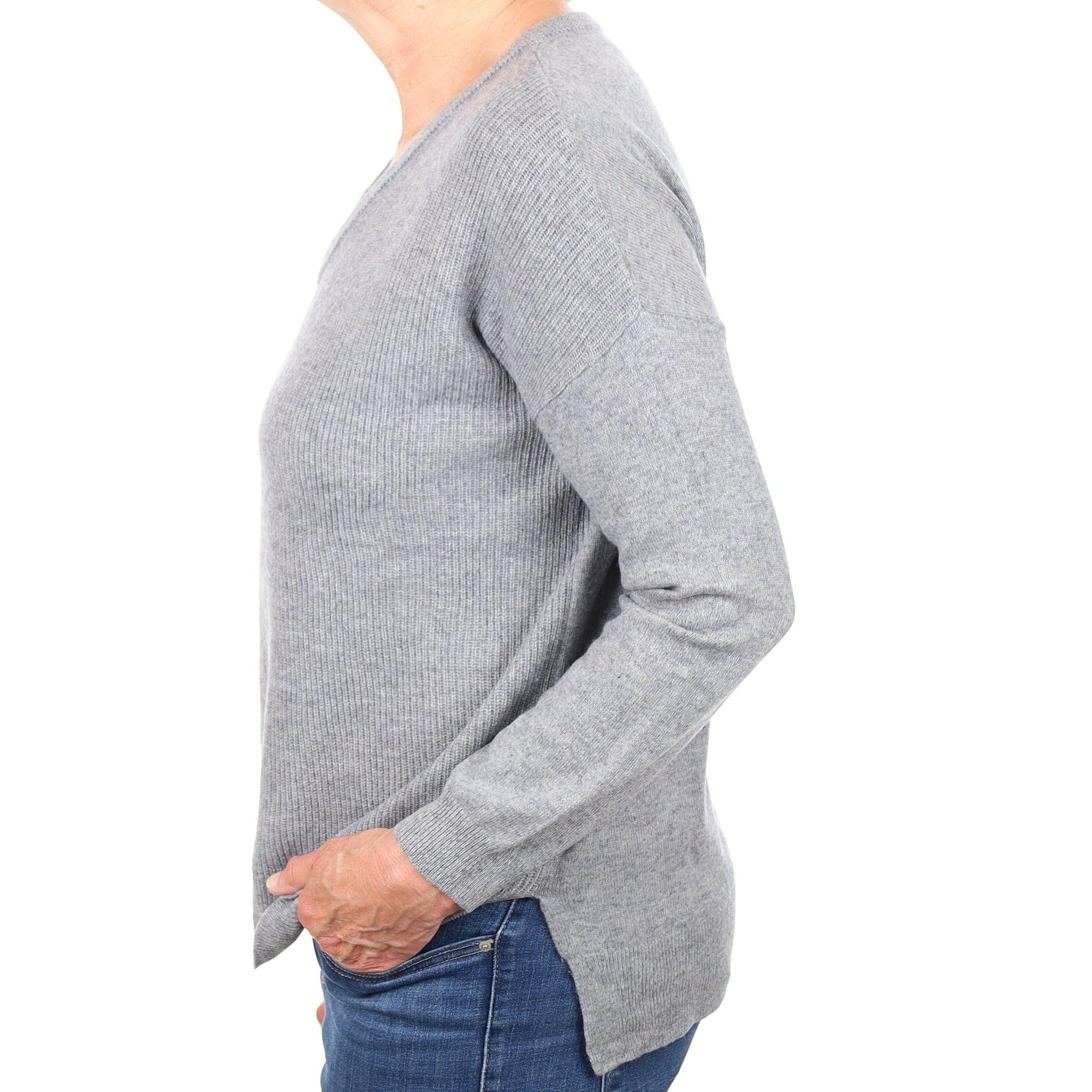 Ash Grey Textured Cashmere V Neck Jumper Medium