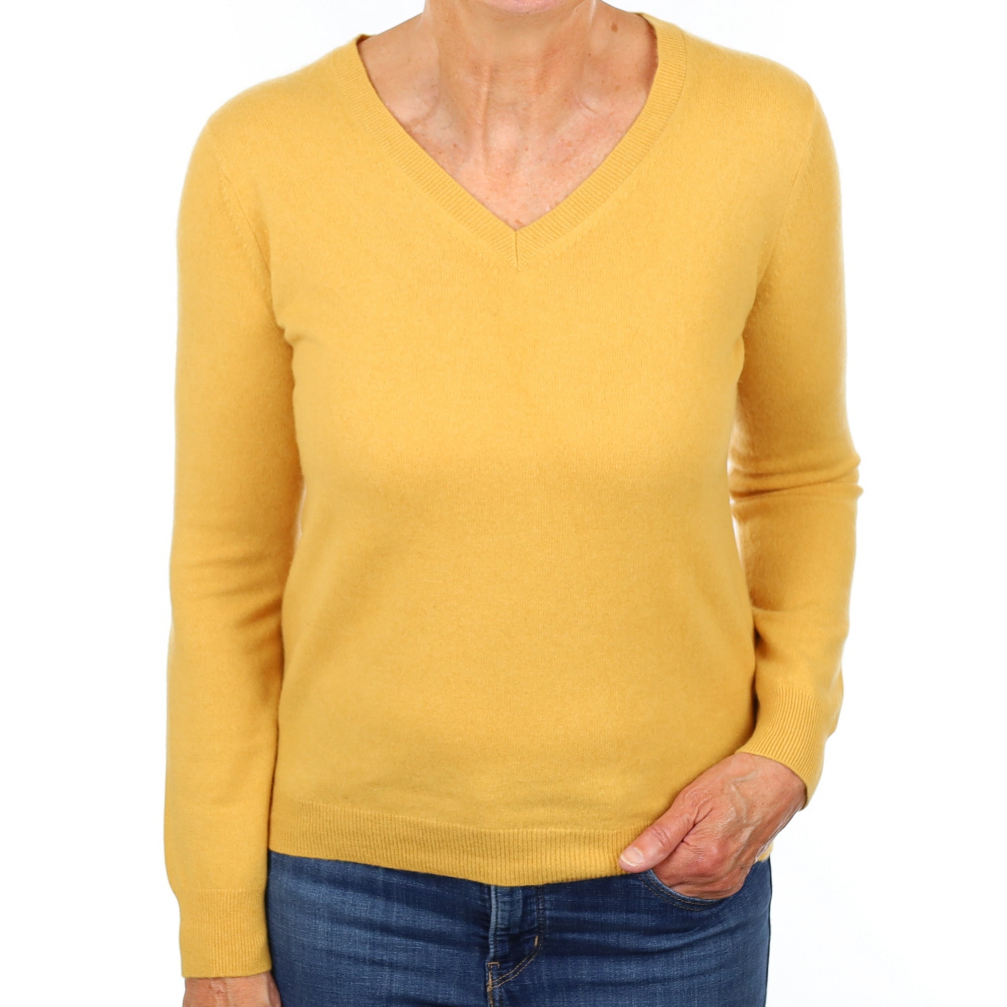 Mustard Yellow Cashmere V Neck Jumper Medium