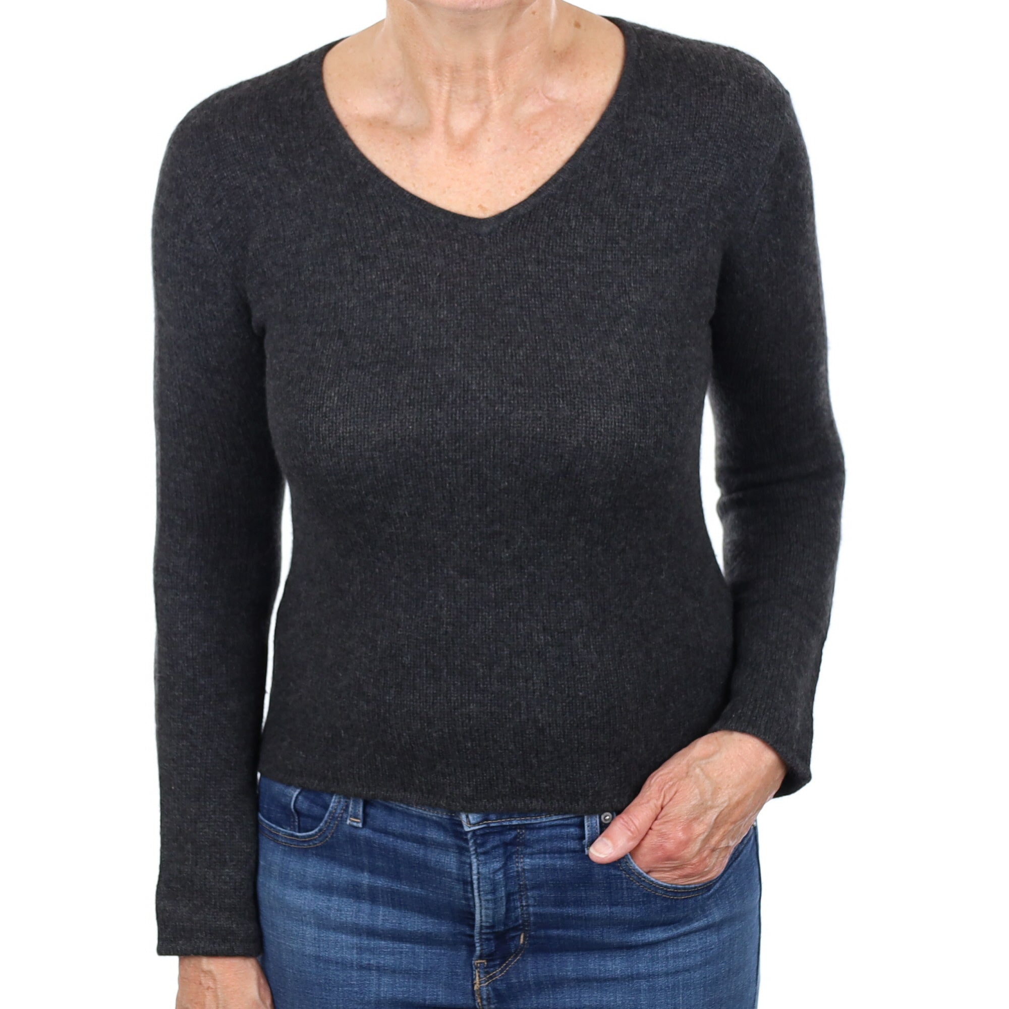 Charcoal Grey Cashmere V Neck Jumper Medium