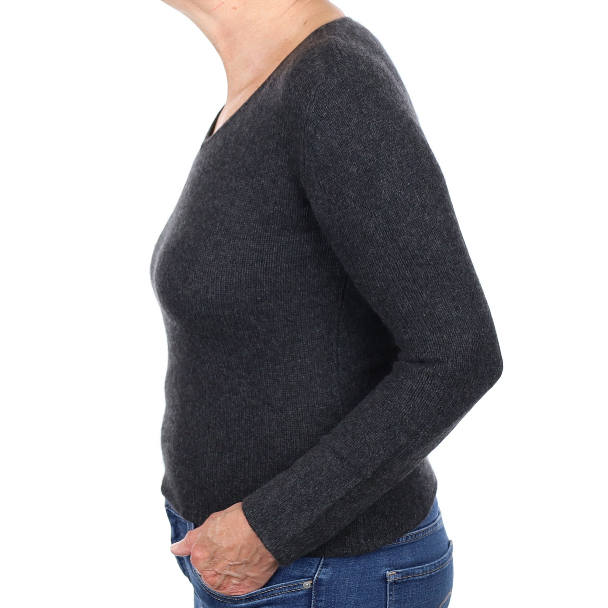 Charcoal Grey Cashmere V Neck Jumper Medium