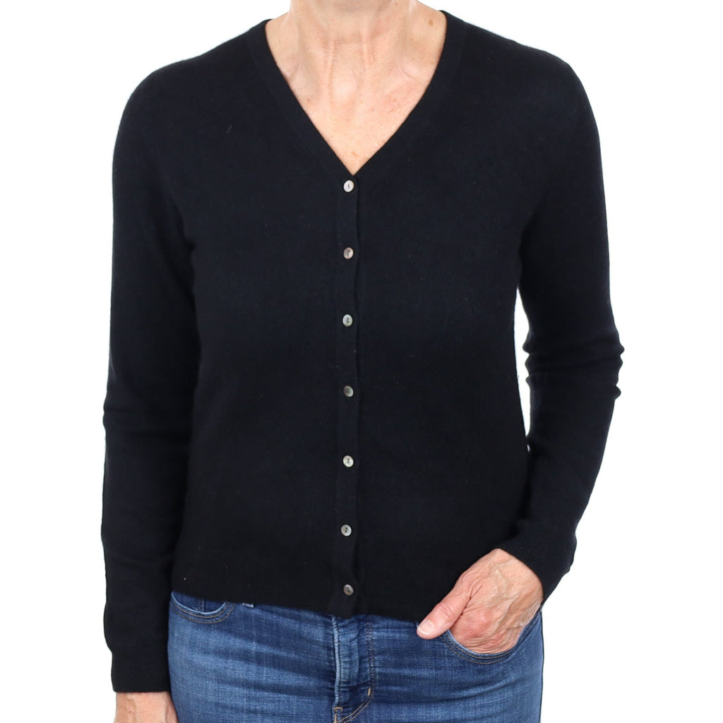 Black Cashmere V Neck Cardigan Medium