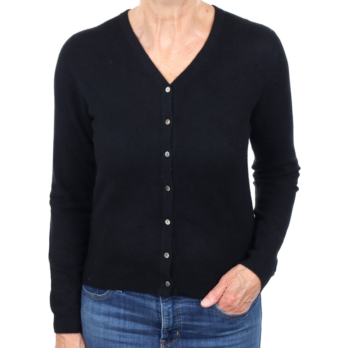 Black Cashmere V Neck Cardigan Medium