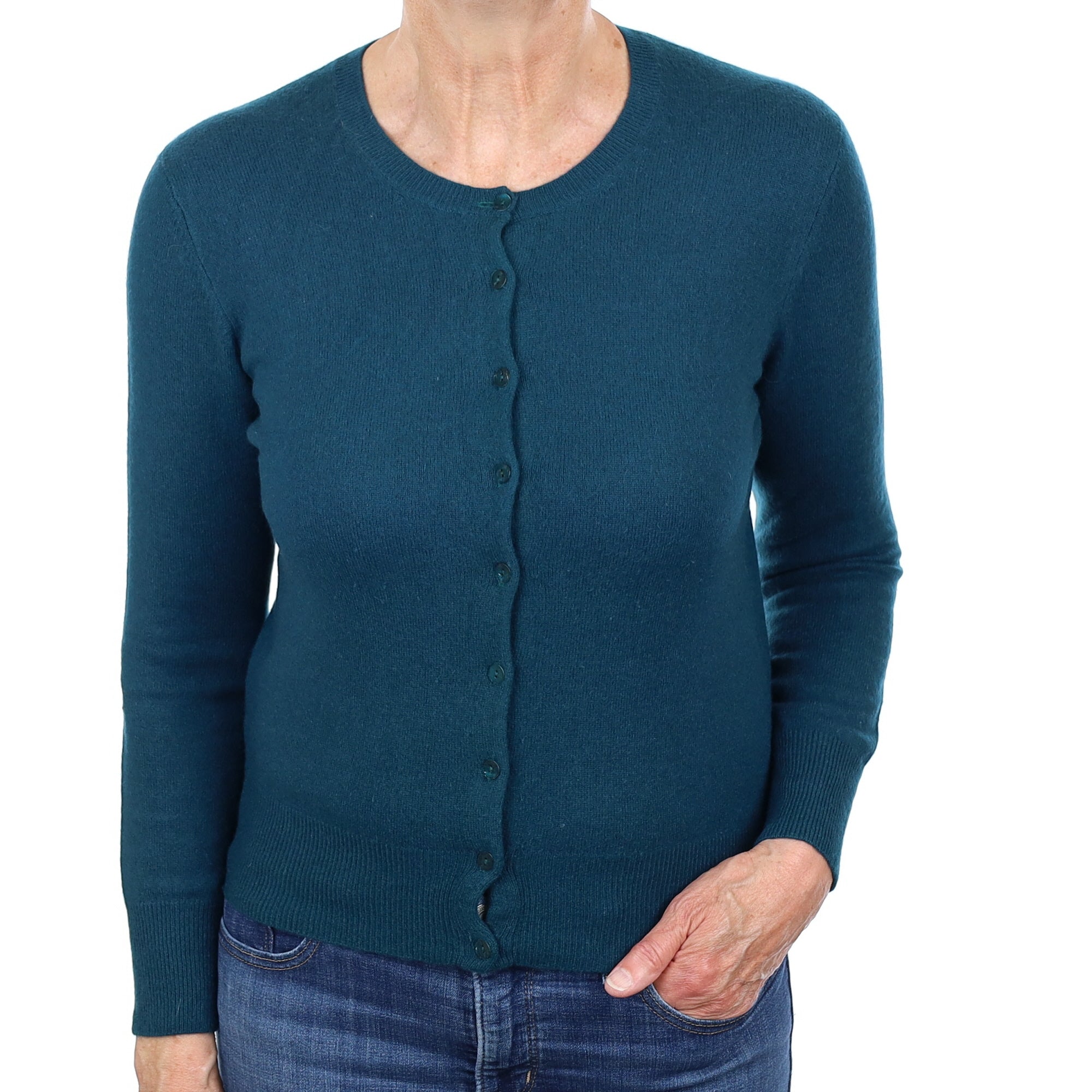 Deep Teal Cashmere Crew Neck Cardigan Medium