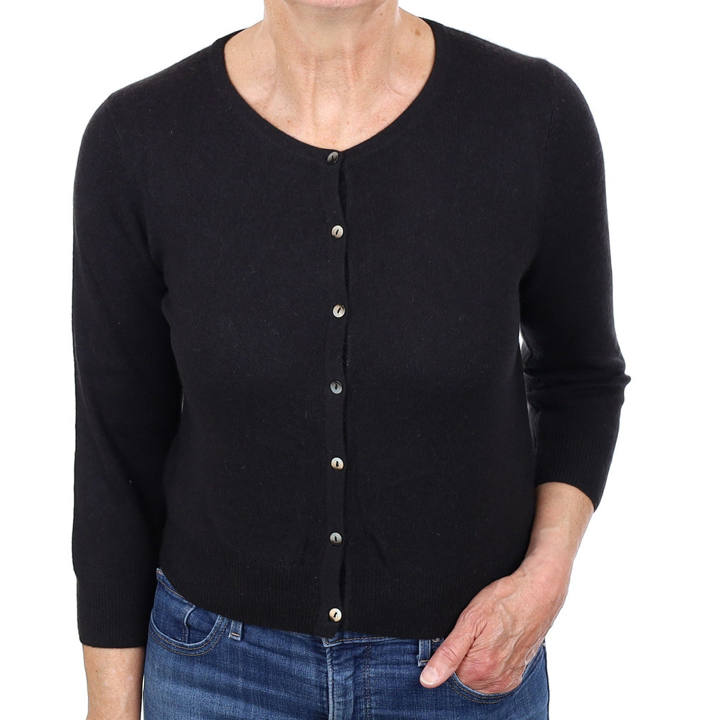 Black Cashmere Cropped Crew Neck Cardigan Medium