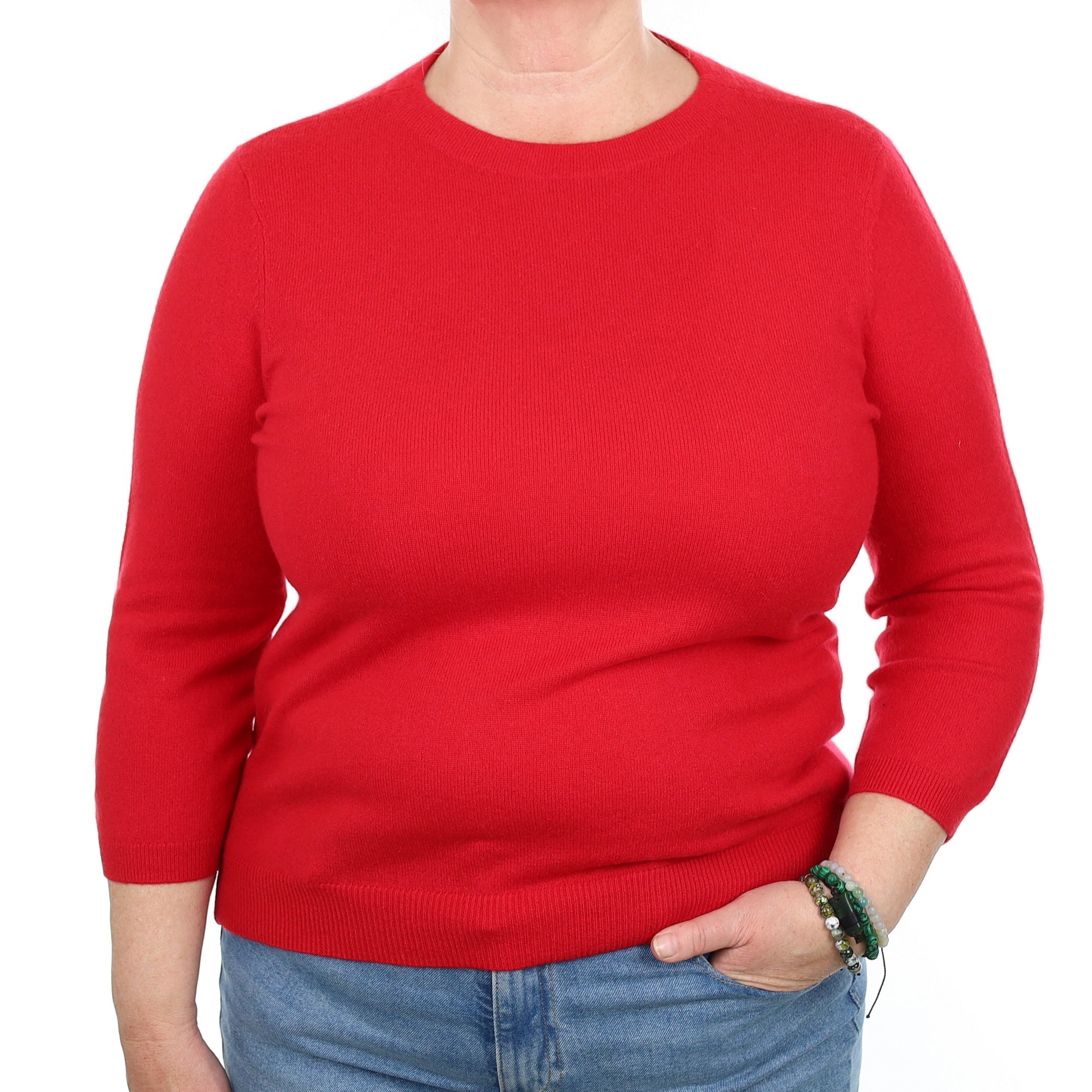 Ruby Red Cashmere 3/4 Sleeve High Crew Neck Jumper Extra Large