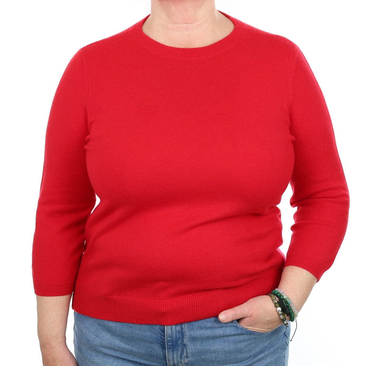 Ruby Red Cashmere 3/4 Sleeve High Crew Neck Jumper Extra Large
