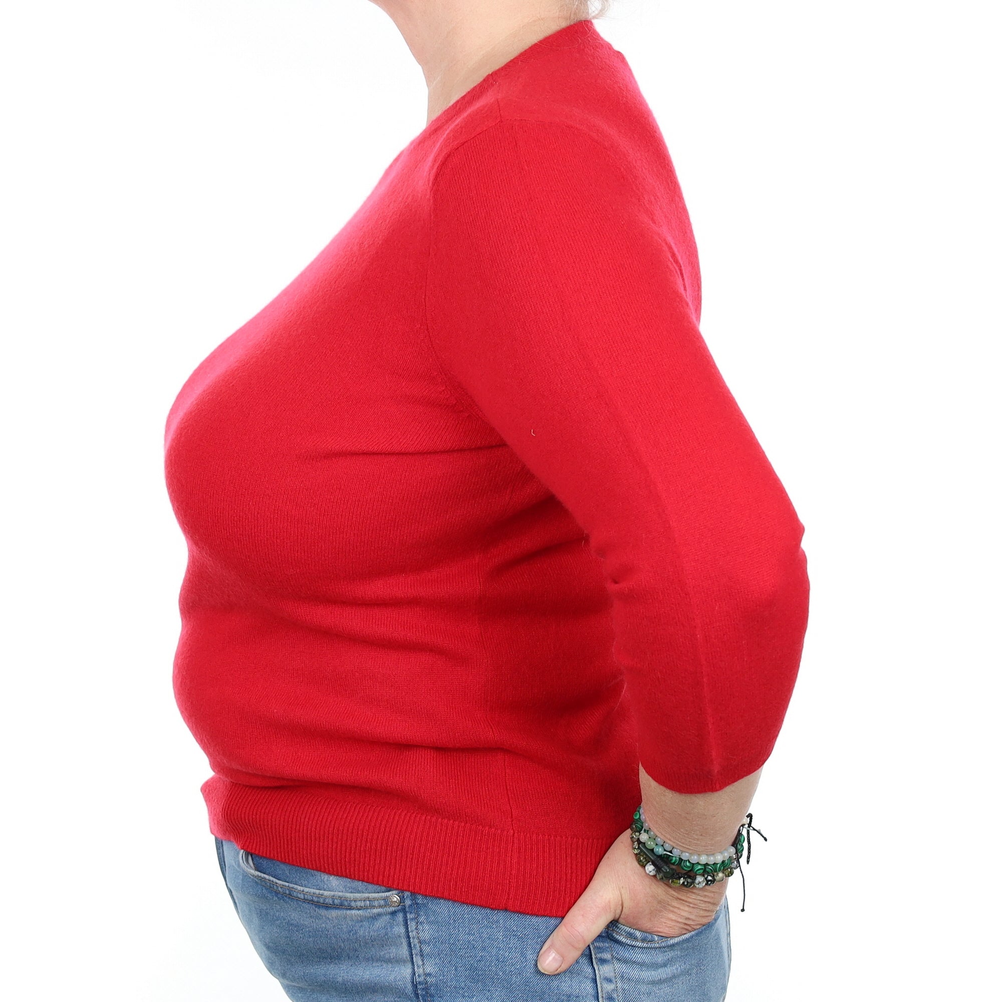 Ruby Red Cashmere 3/4 Sleeve High Crew Neck Jumper Extra Large