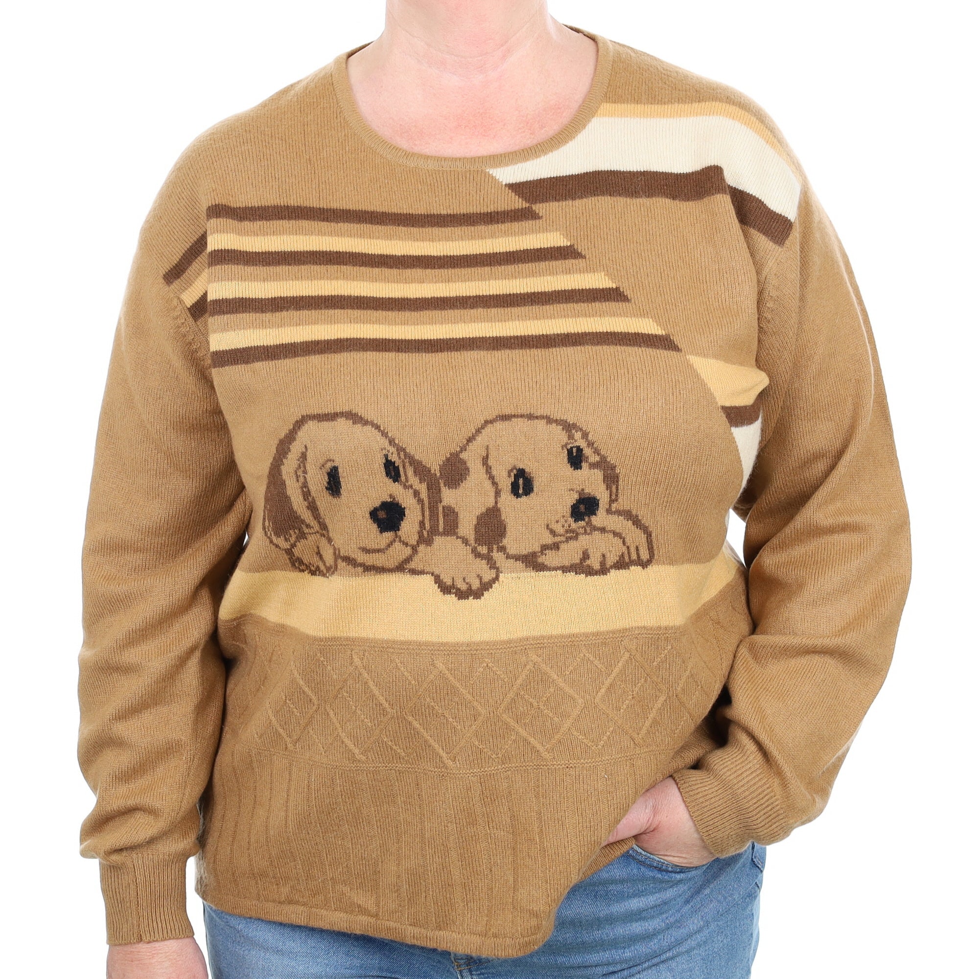 Butterscotch Cute Dog Design Cashmere Crew Neck Jumper Extra Large