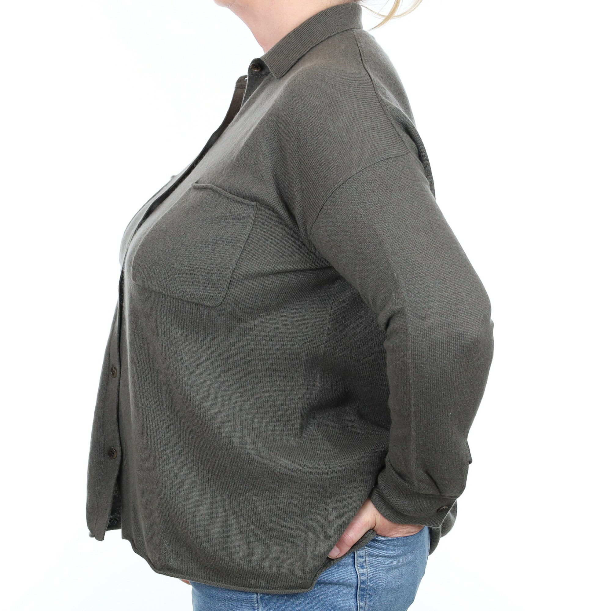Khaki Green Cashmere Shirt Style Cardigan with Pockets Extra Large