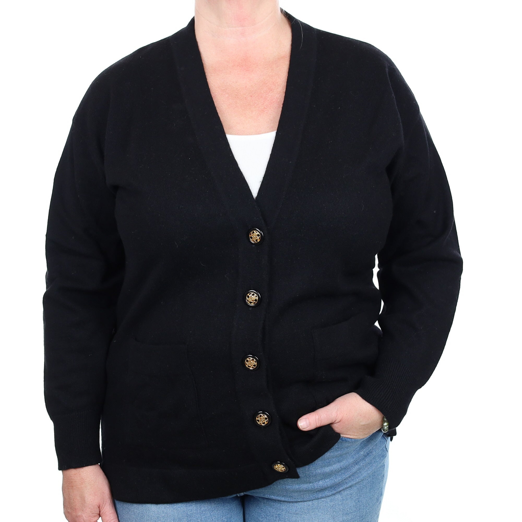 Black Cashmere V Neck Cardigan with Pockets Extra Large