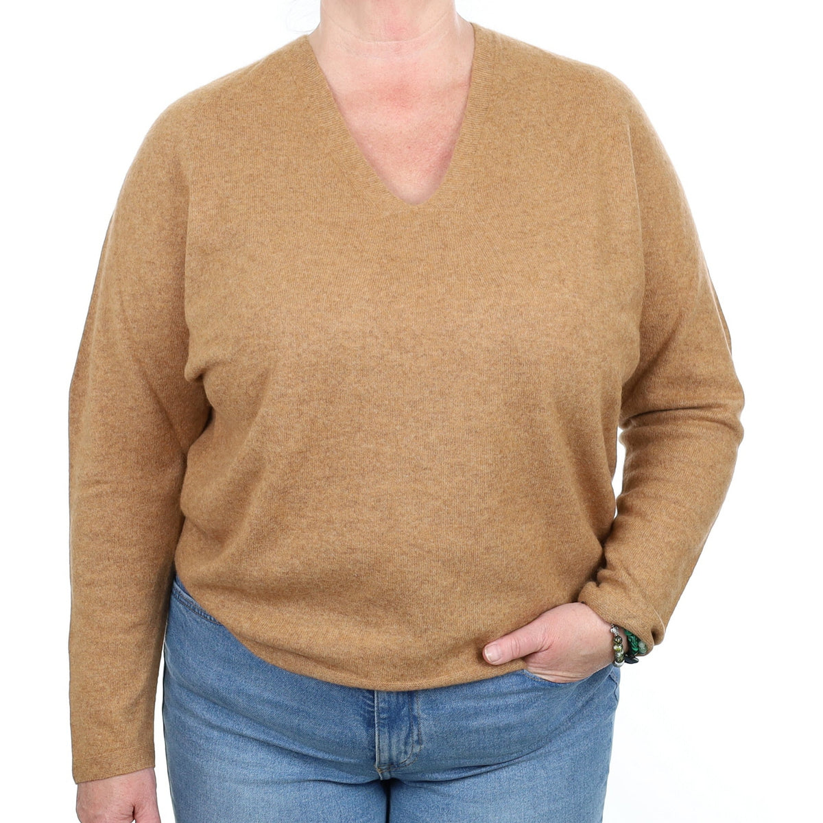 Toffee Brown Cashmere Batwing V Neck Jumper Extra Large