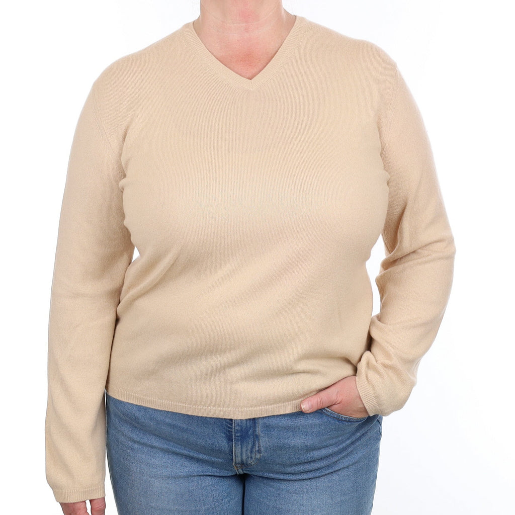 Biscuit Beige Cashmere V Neck Jumper Extra Large