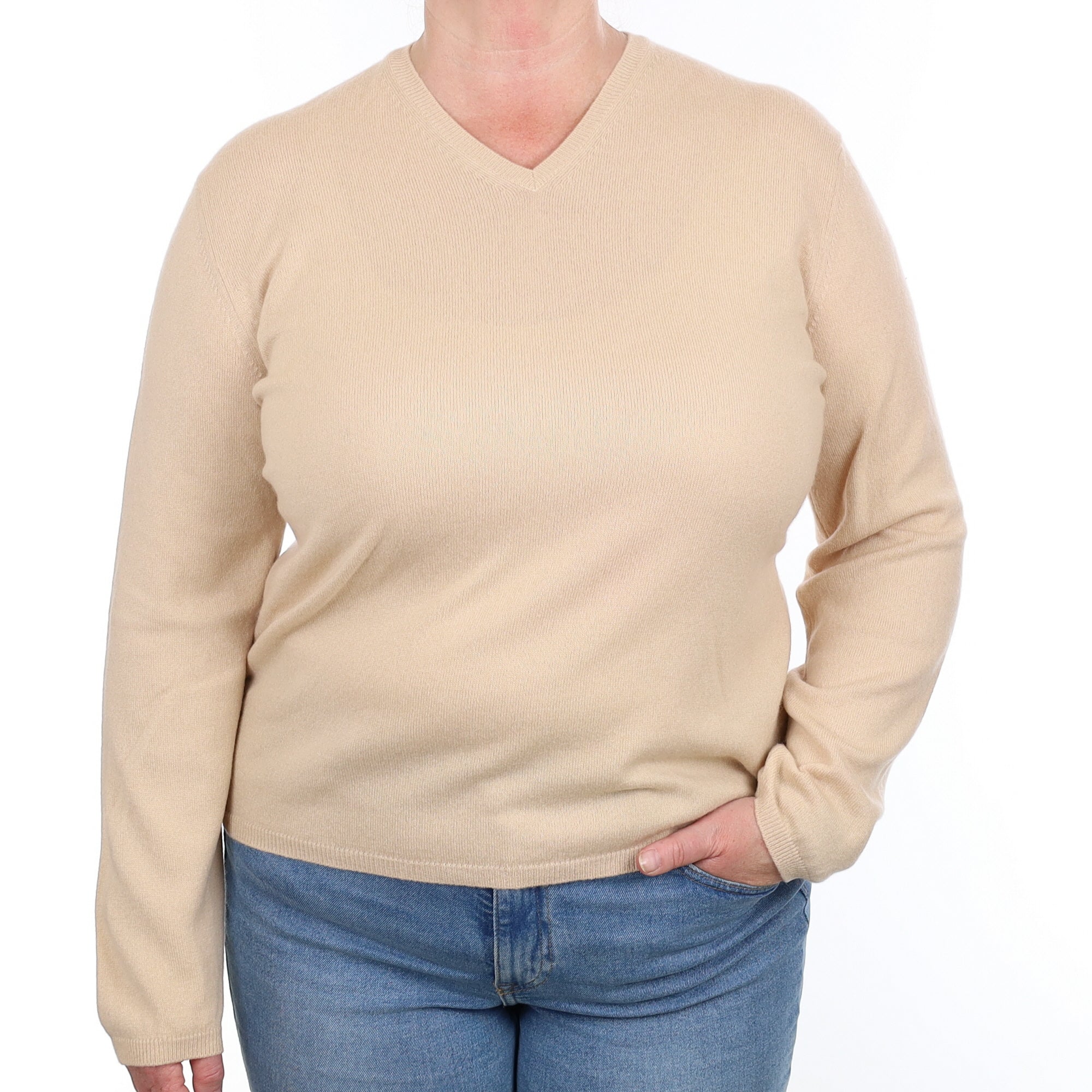 Biscuit Beige Cashmere V Neck Jumper Extra Large