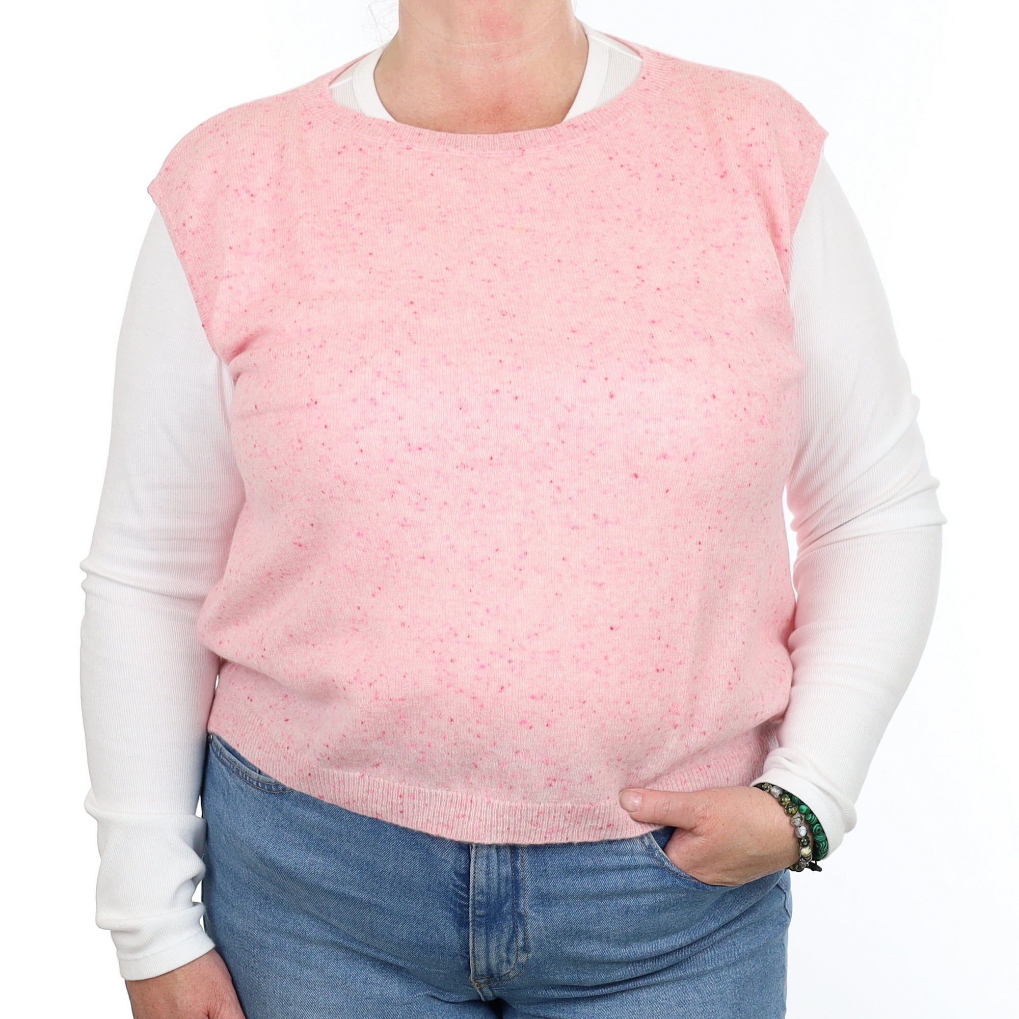 Pink Fleck Cashmere Crew Neck Tank Top Extra Large