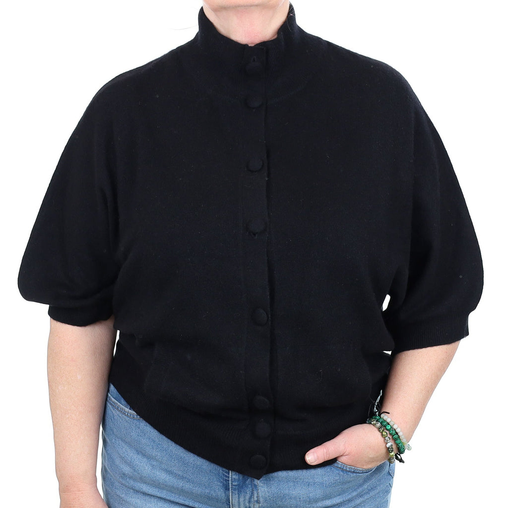 Black Cashmere Short Sleeved Collard Cardigan Extra Large