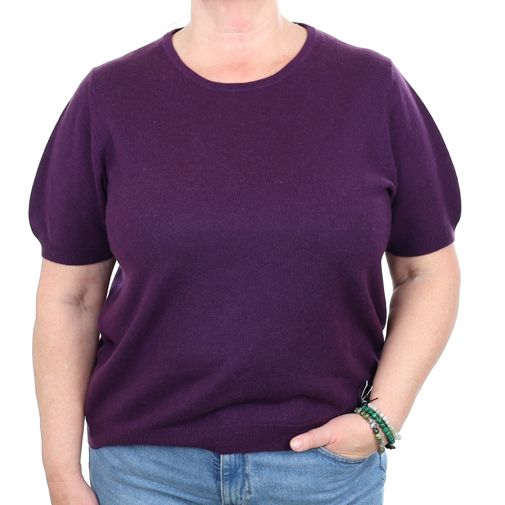 Blueberry Purple Cashmere Short Sleeved Crew Neck Jumper Extra Large