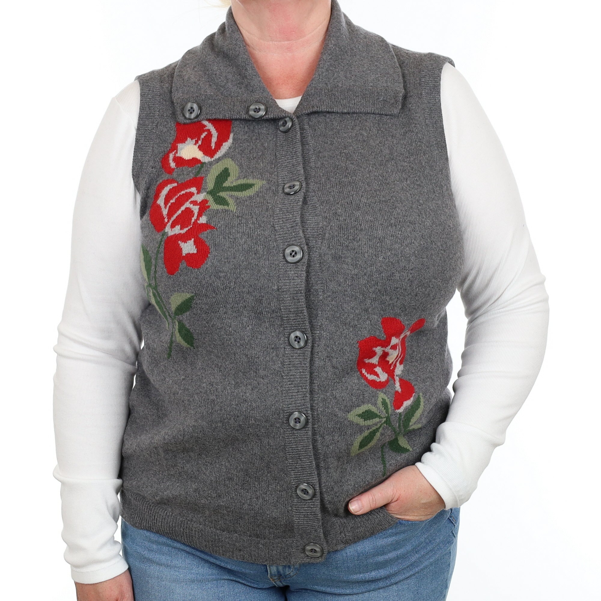 Slate Grey Floral Cashmere Collard Waistcoat Extra Large