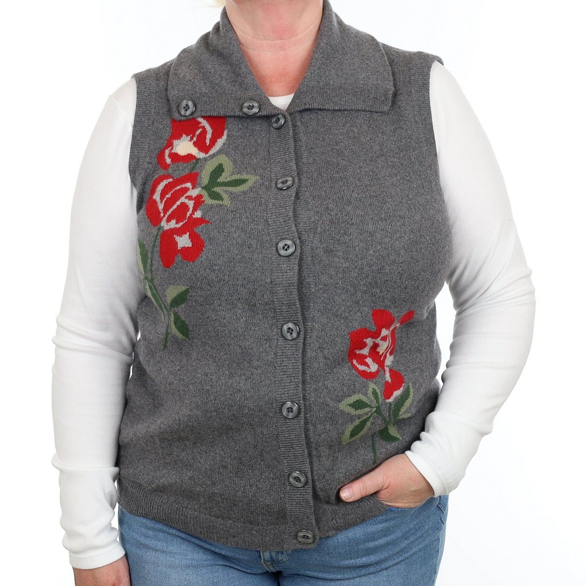 Slate Grey Floral Cashmere Collard Waistcoat Extra Large