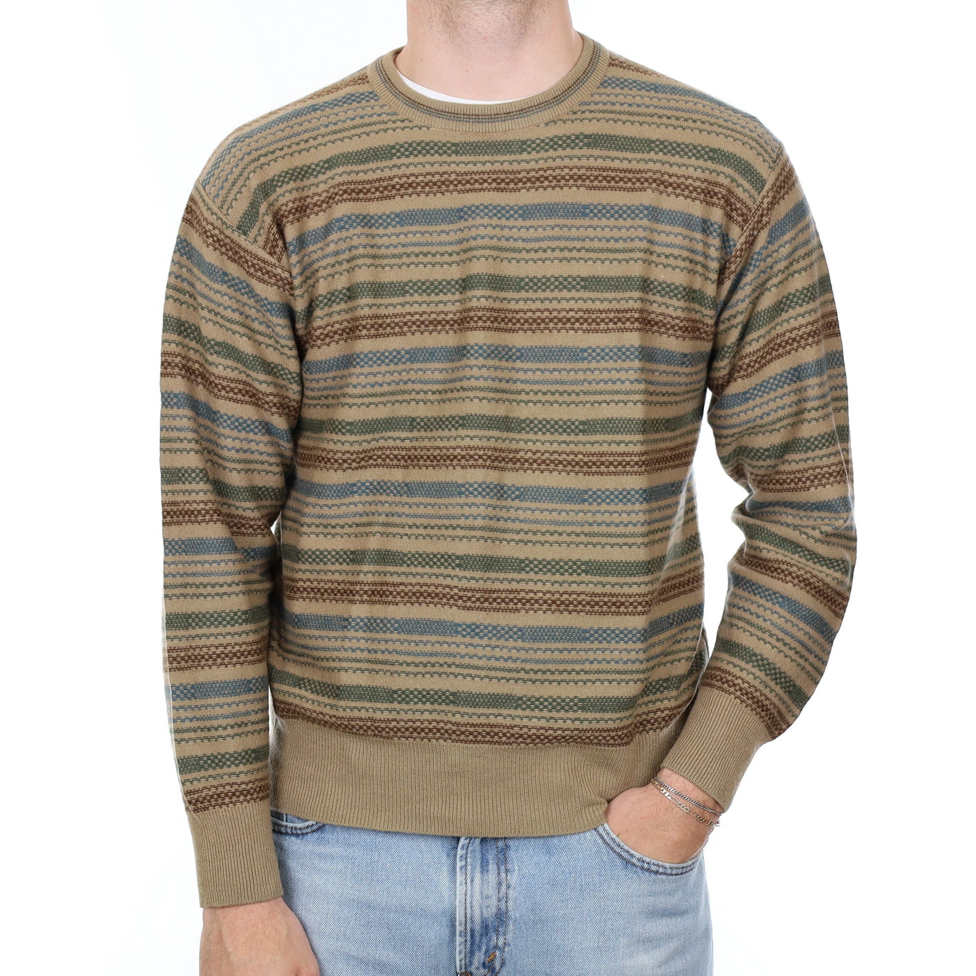 Men's Camel Patterned Cashmere Crew Neck Jumper Large