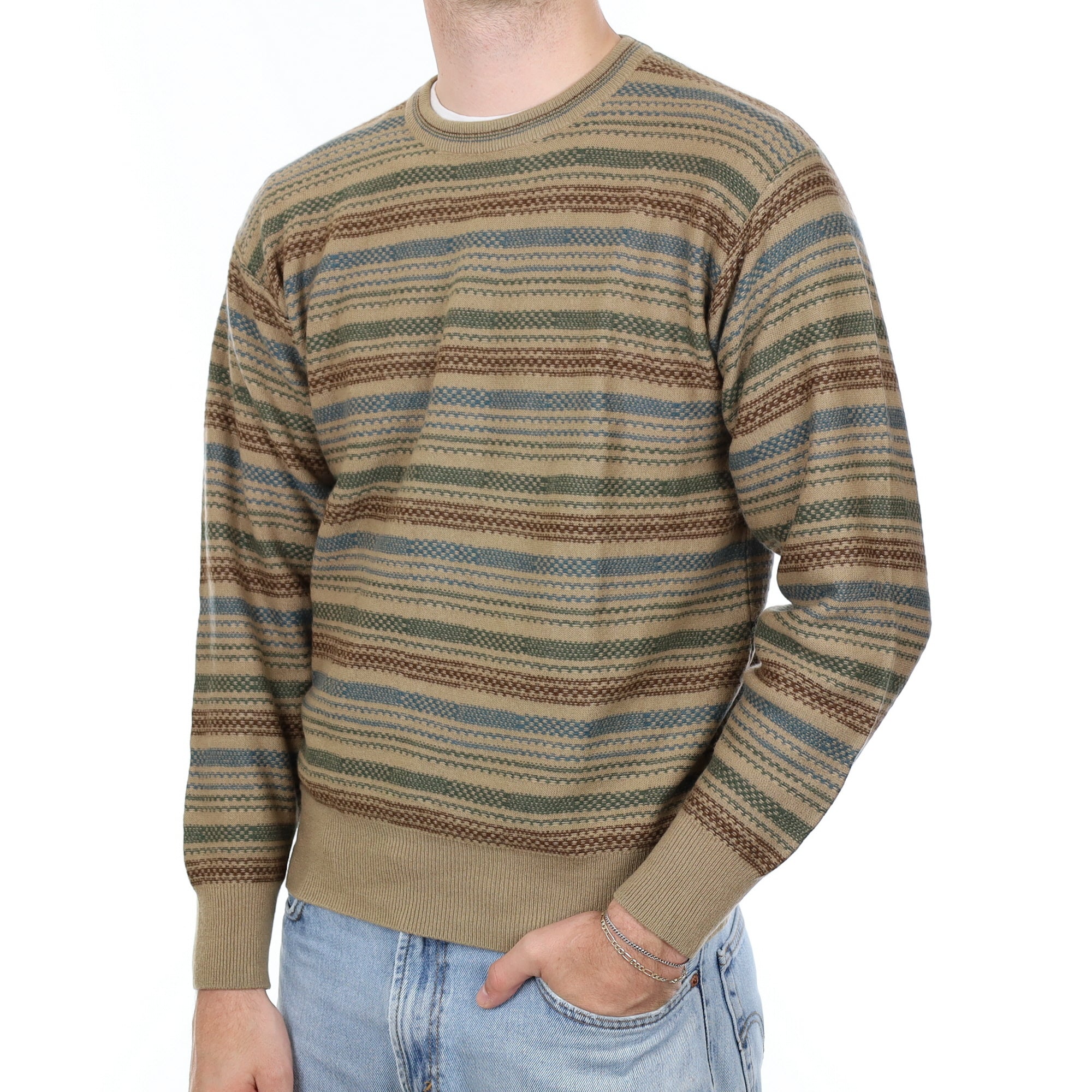 Men's Camel Patterned Cashmere Crew Neck Jumper Large