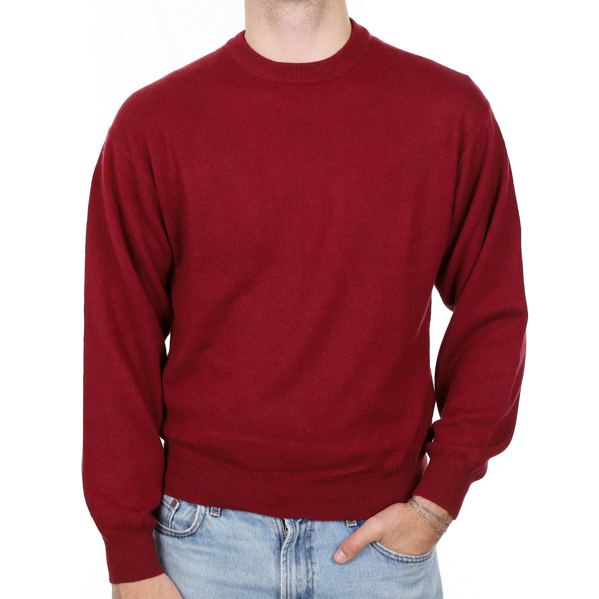Men's Burgundy Red Cashmere Crew Neck Jumper Large