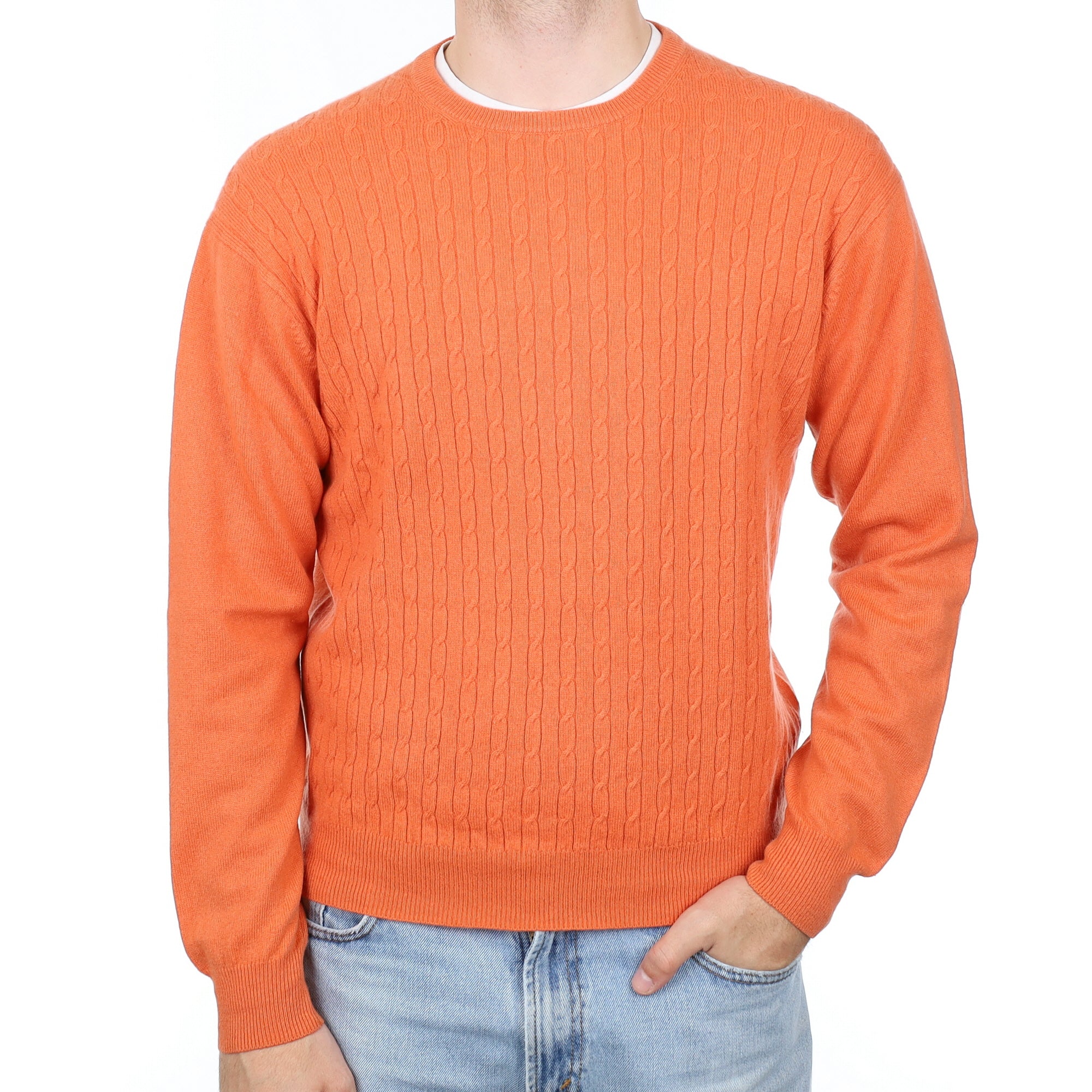 Men's Orange Cable Front Cashmere Crew Neck Jumper Large