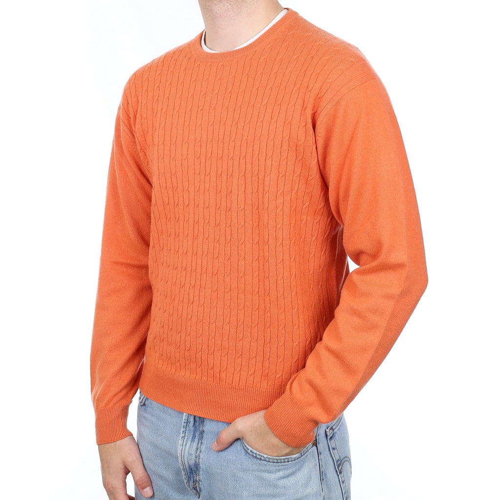 Men's Orange Cable Front Cashmere Crew Neck Jumper Large