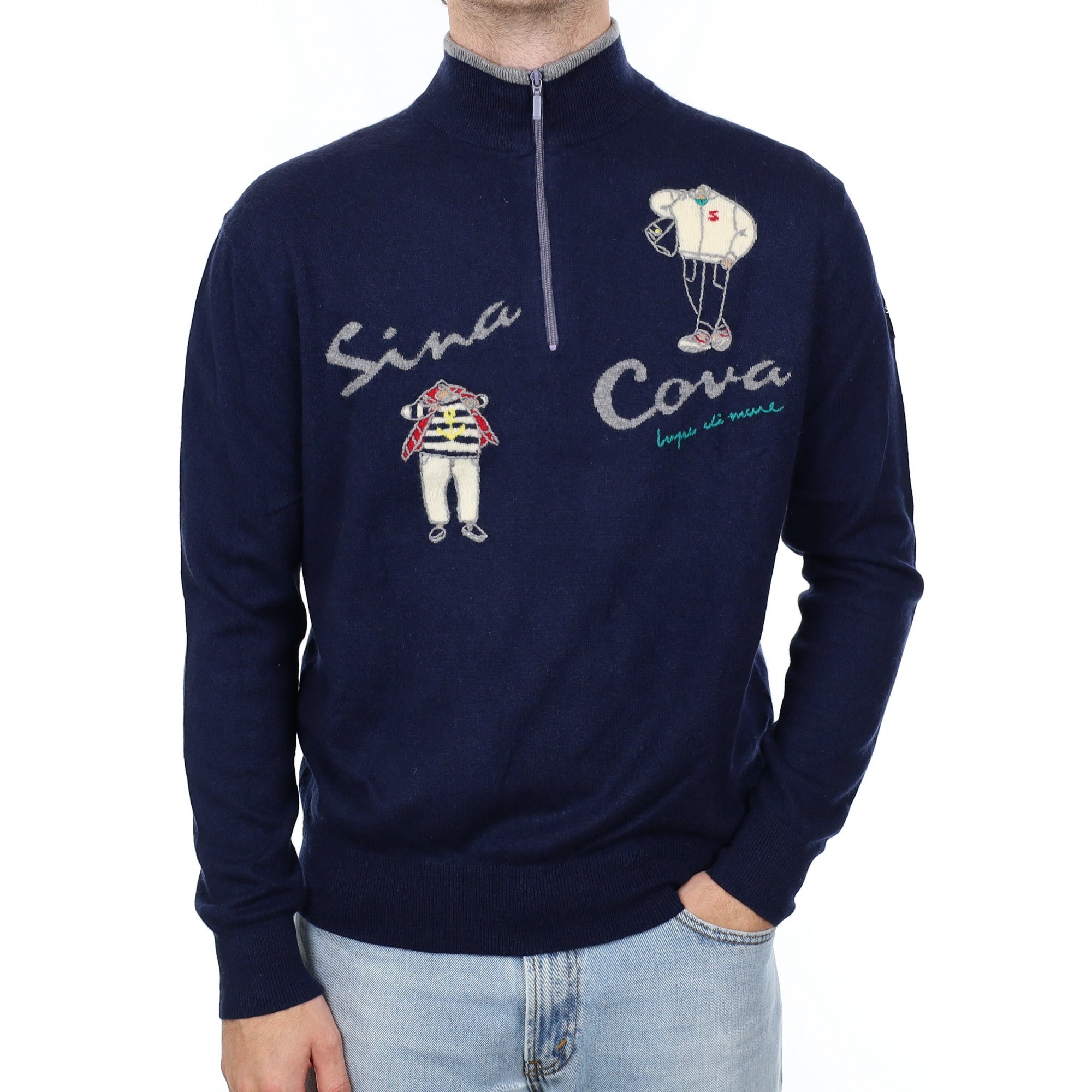 Men's Navy Sailor Motif Cashmere 1/4 Zip Jumper Large