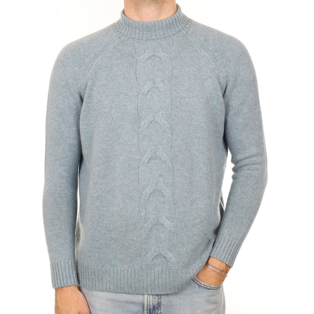 Men's Duck Egg Blue Chunky Cashmere Turtle Neck Jumper Large