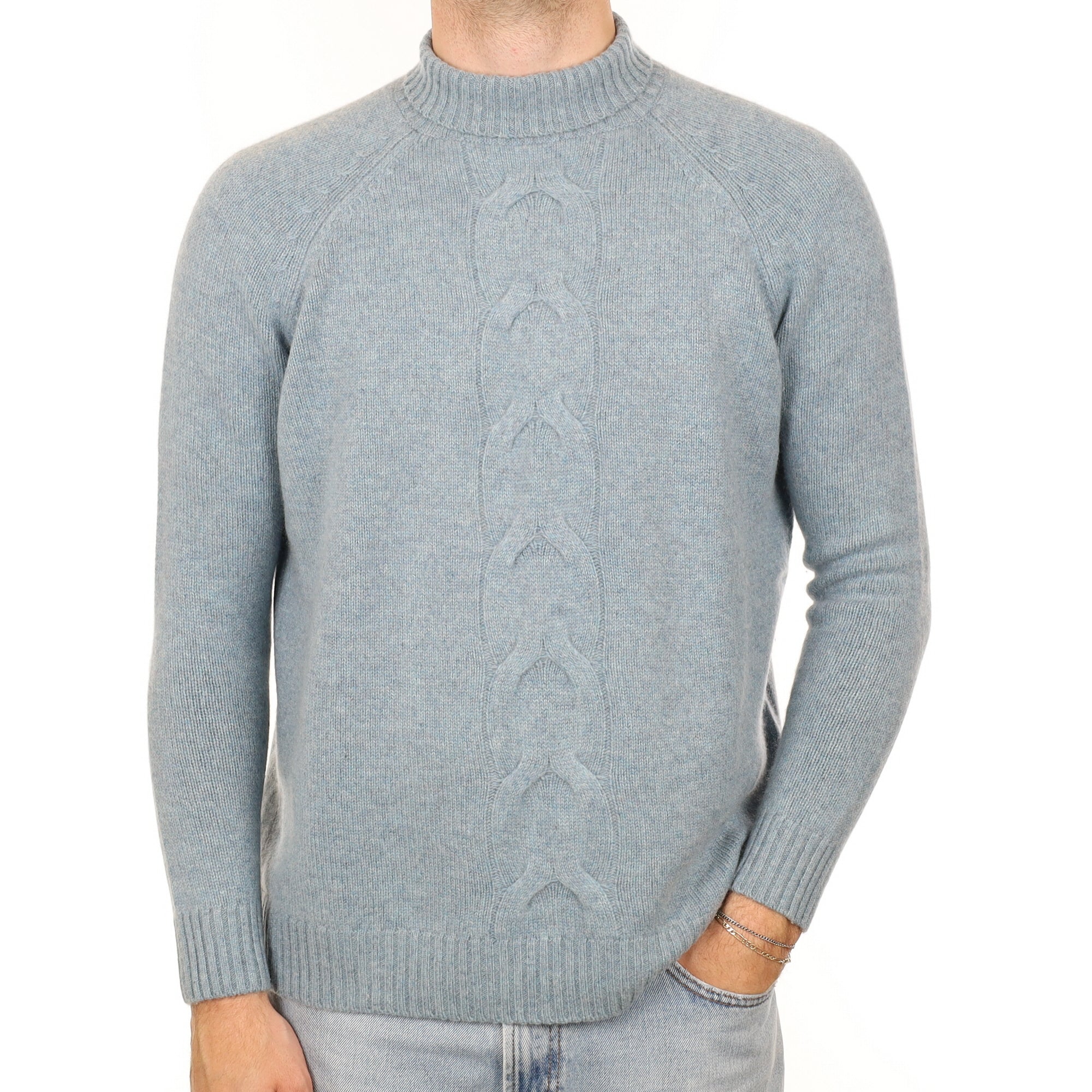 Men's Duck Egg Blue Chunky Cashmere Turtle Neck Jumper Large