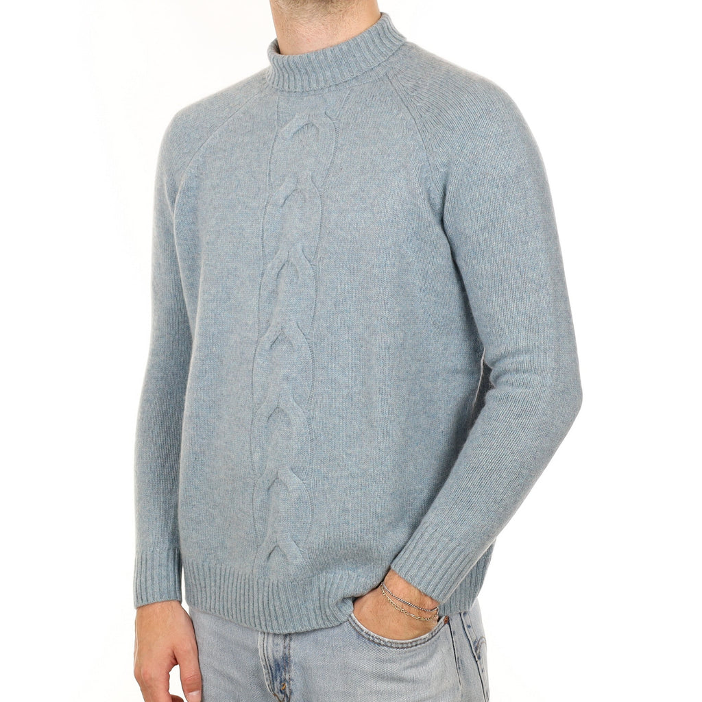 Men's Duck Egg Blue Chunky Cashmere Turtle Neck Jumper Large